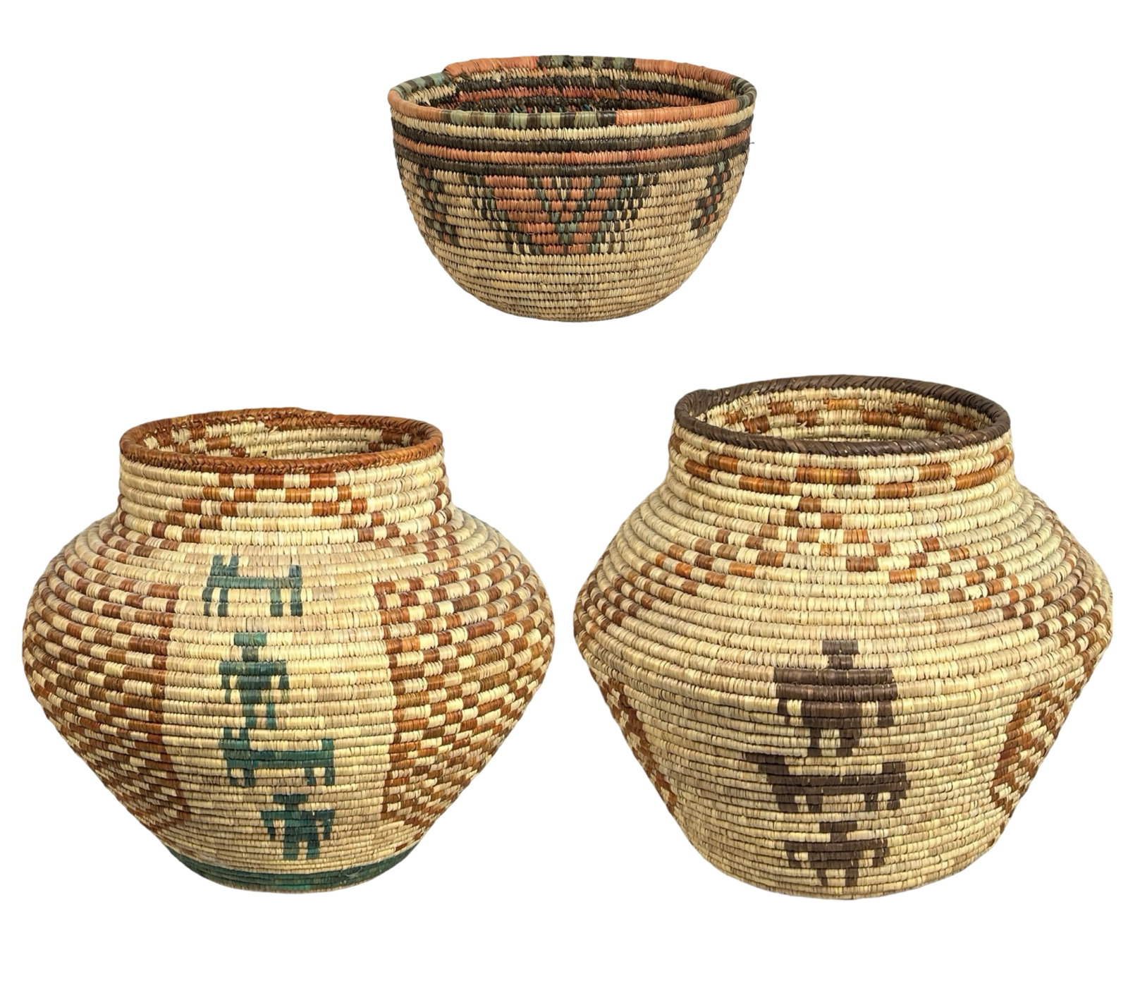 Native American and African Woven Coil Baskets: This collection includes two large Native American woven coil baskets and one Native African woven coil basket. The baskets feature traditional patterns and are crafted with natural fibers, showcasing