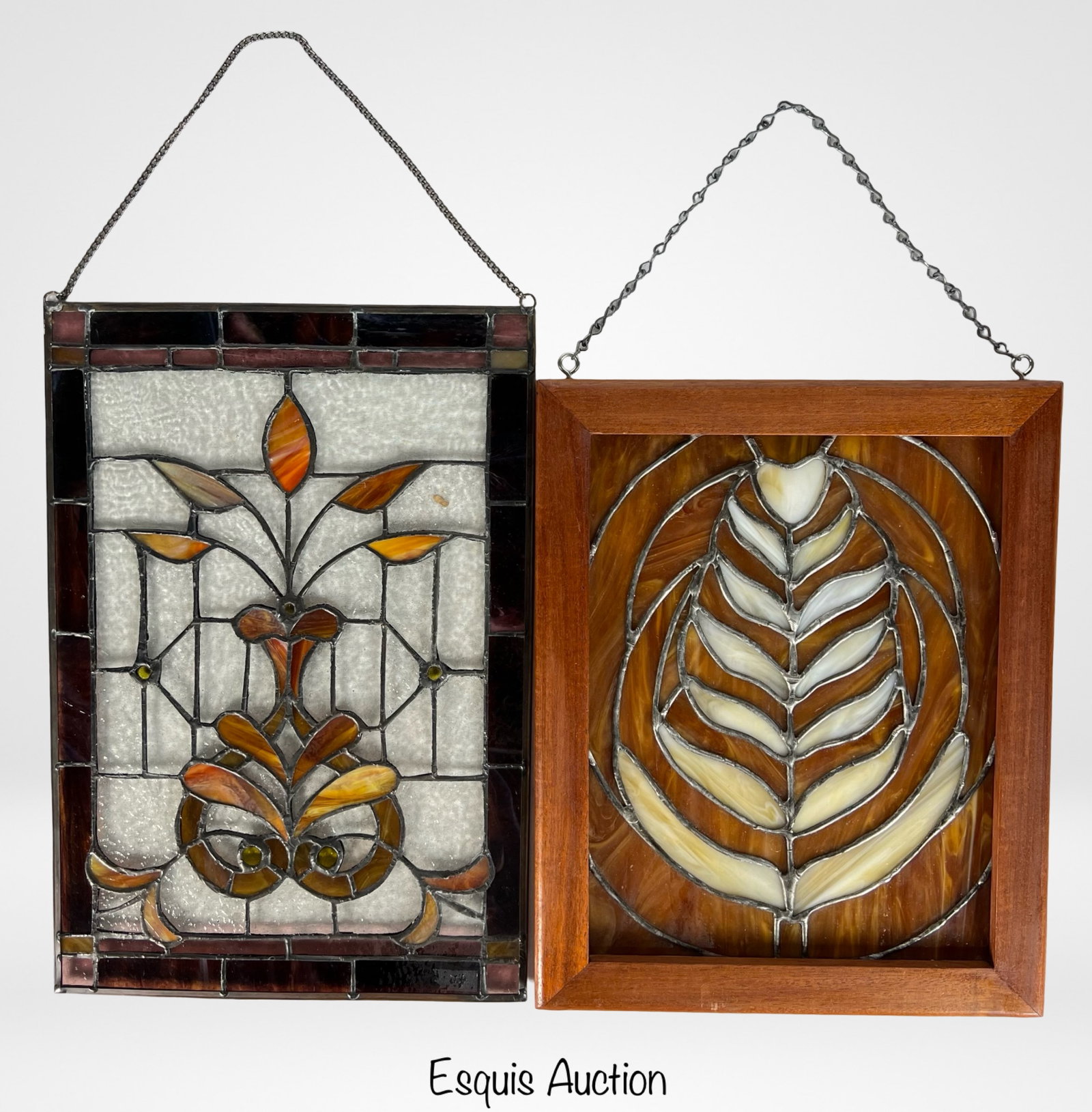 Two Stained Slag Glass Window/Wall Panels: A pair of beautiful stained slag glass panels, perfect for adding a touch of elegance and color to any window or wall.Each panel comes with a chain for easy hanging and is an excellent choice for enha