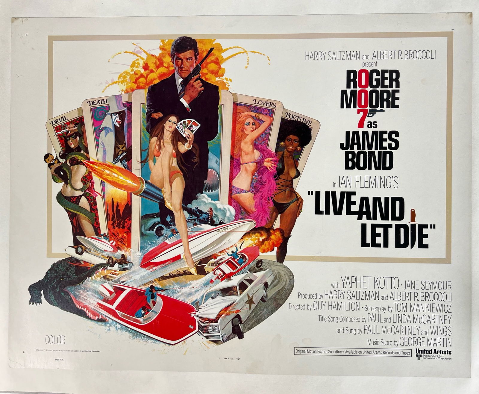 James Bond 007 "Live and Let Die" Movie Poster: James Bond "Live and Let Die" Movie Poster. 1973. Roger Moore's first Bond film with Robert McGinnis artwork. 28" x 22" on linen.