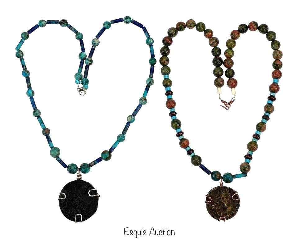 Ancient Roman Coins Neckalces w/ Multi-Stones Bead: Jasper, Turquoise and Lapis Beaded Necklaces with Ancient Roman Coin Pendants. One has Pendant setting and clasps made of Sterling. Necklaces are 22" long. Good Condition.