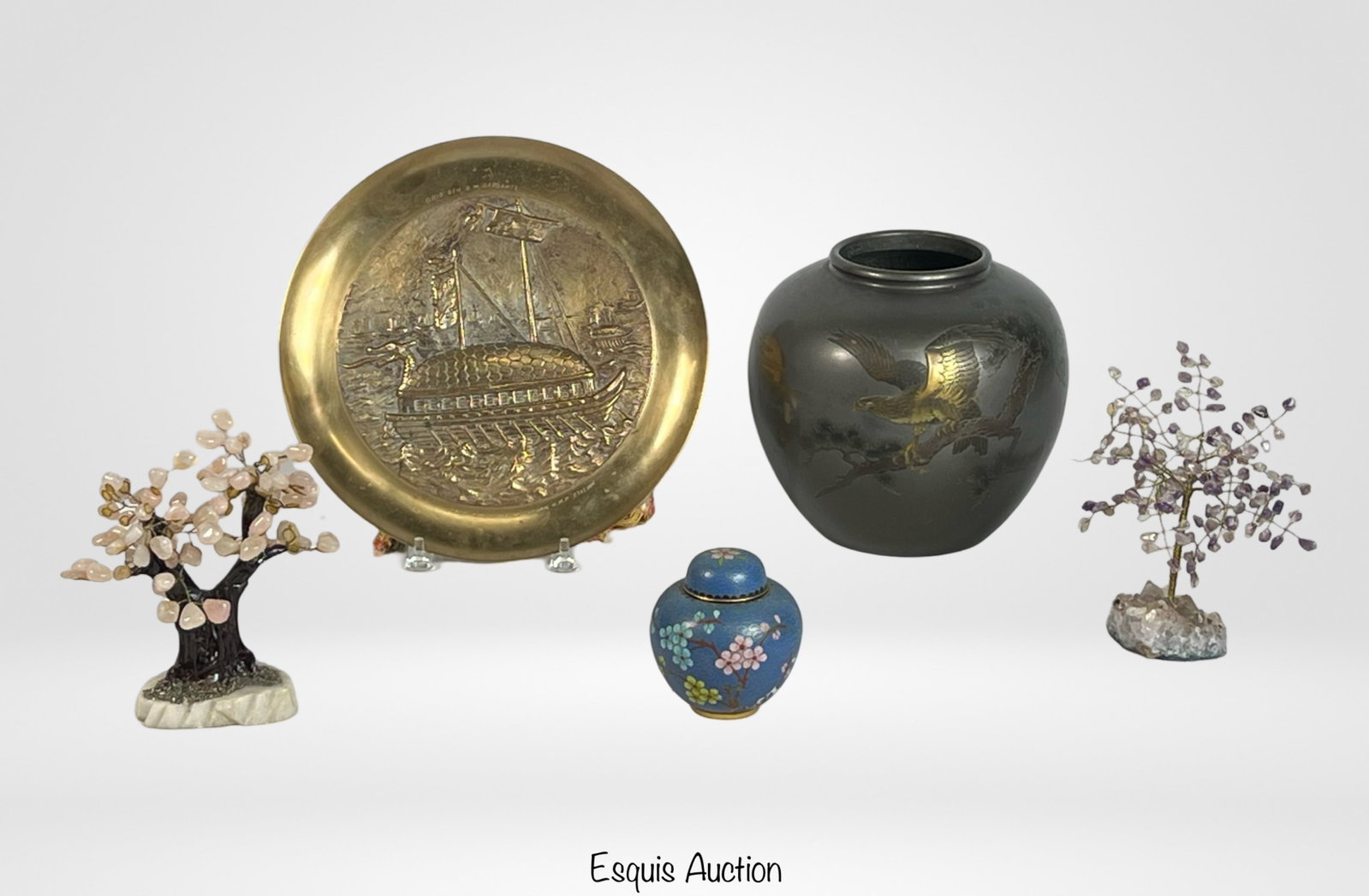 Asian/ Chinese/ Japanese Home Decor Collectibles: Asian/ Chinese/ Japanese Home Decor Collectibles including Solid Brass Wall Plate, Japanese Bronze Jar with Eagle, Cloisonne Jinger Jar and two Rose Quartz Trees. Tallest is 12 1/2".