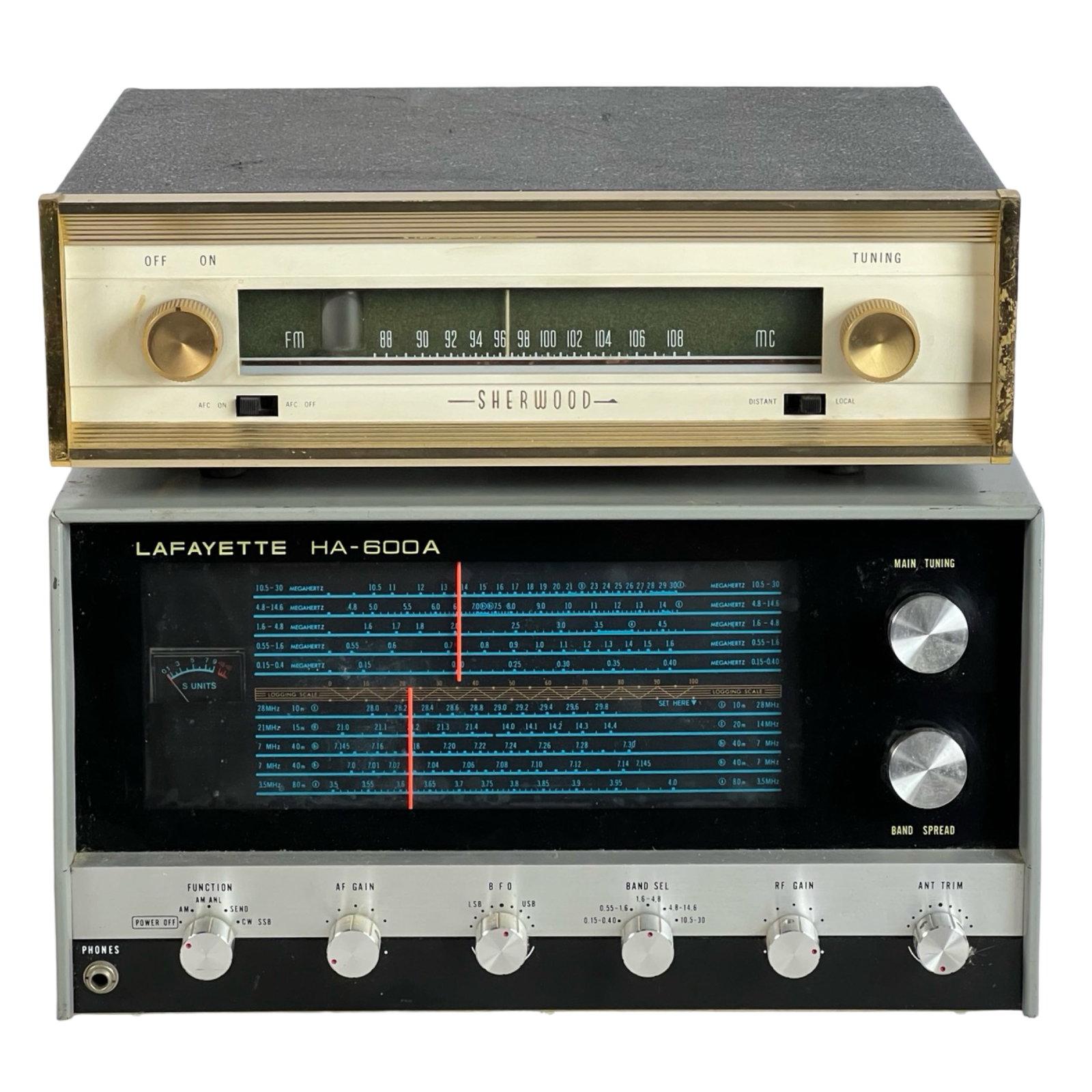 Layfayette HA-600A & Sherwood S-3000 Radios: Layfayette HA-600A Short Wave Radio and Sherwood S-3000 Radio. Good overall condition, normal age related wear, untested.