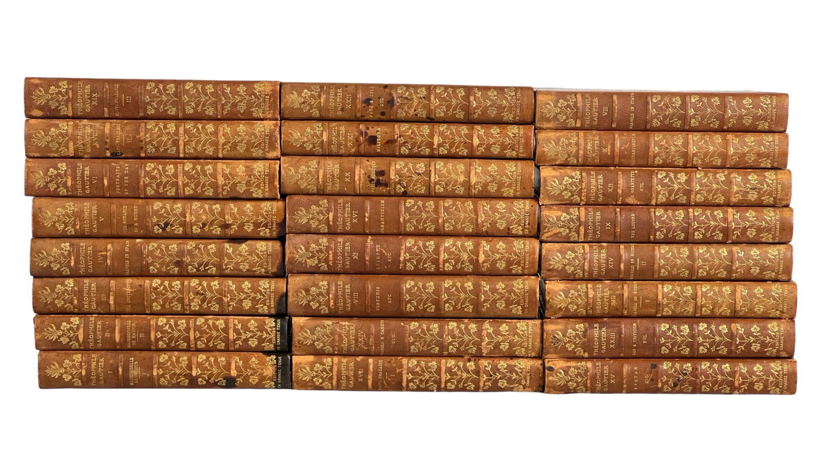 Theophile Gautier - Complete 24 Volume LE Book Set: This is a complete 24-volume set of the works of Th?ophile Gautier, published by E.R. Dumont in 1900/1901. Each volume in this limited edition set is bound in leather with intricate gold tooling on th