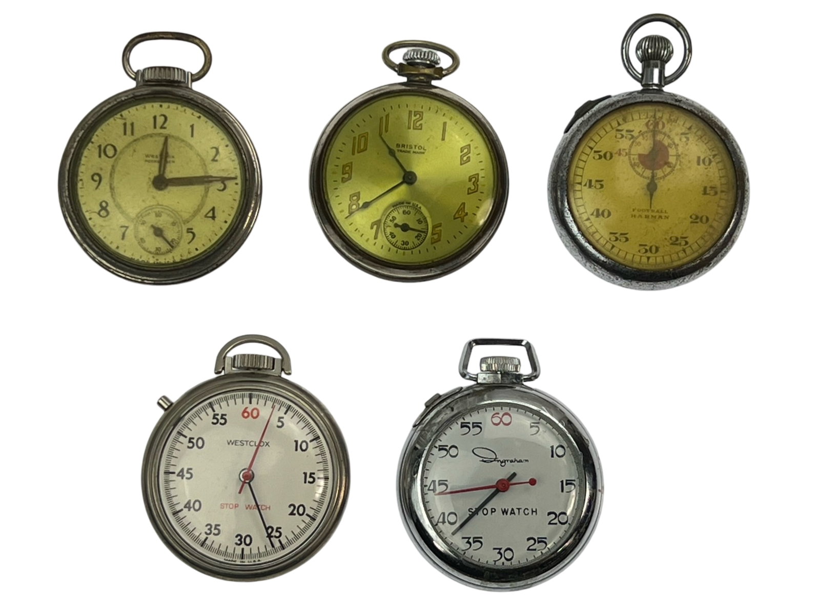 Vintage Pocket Watches & Stop Watches: Group of Vintage Pocket & Stop Watches. Normal age related wear, untested.