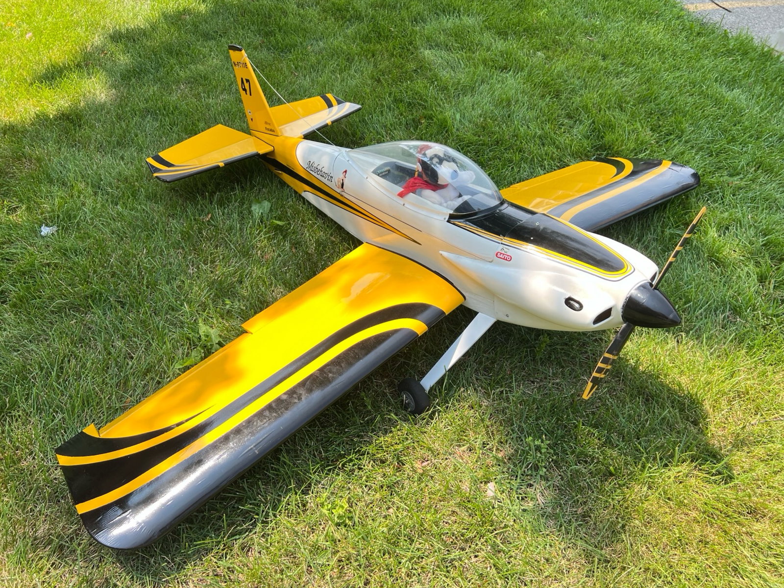 Yellow Piper Cub RC Airplane w/ Saito Fa 56 Engine: Yellow Piper Cub. This iconic airplane is a scratch build model with Ultracote covering. Featuring a hard to find Saito FA 56 four stroke nitro engine, four servos, and futaba receiver. A beautiful lo