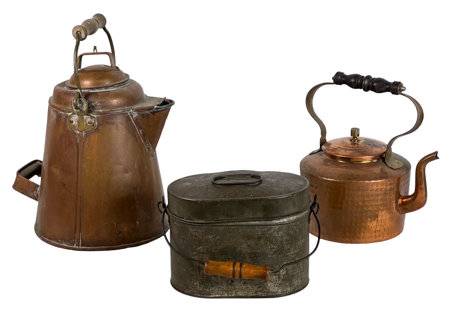 19th C Pioneer Times Coffee Pot, Lunch Box & Tea: This fascinating lot consists of three distinct and well-preserved items from the 19th century, each offering a glimpse into the daily lives of pioneers .Copper Coffee Pot, Hammered Copper Tea Kettle 