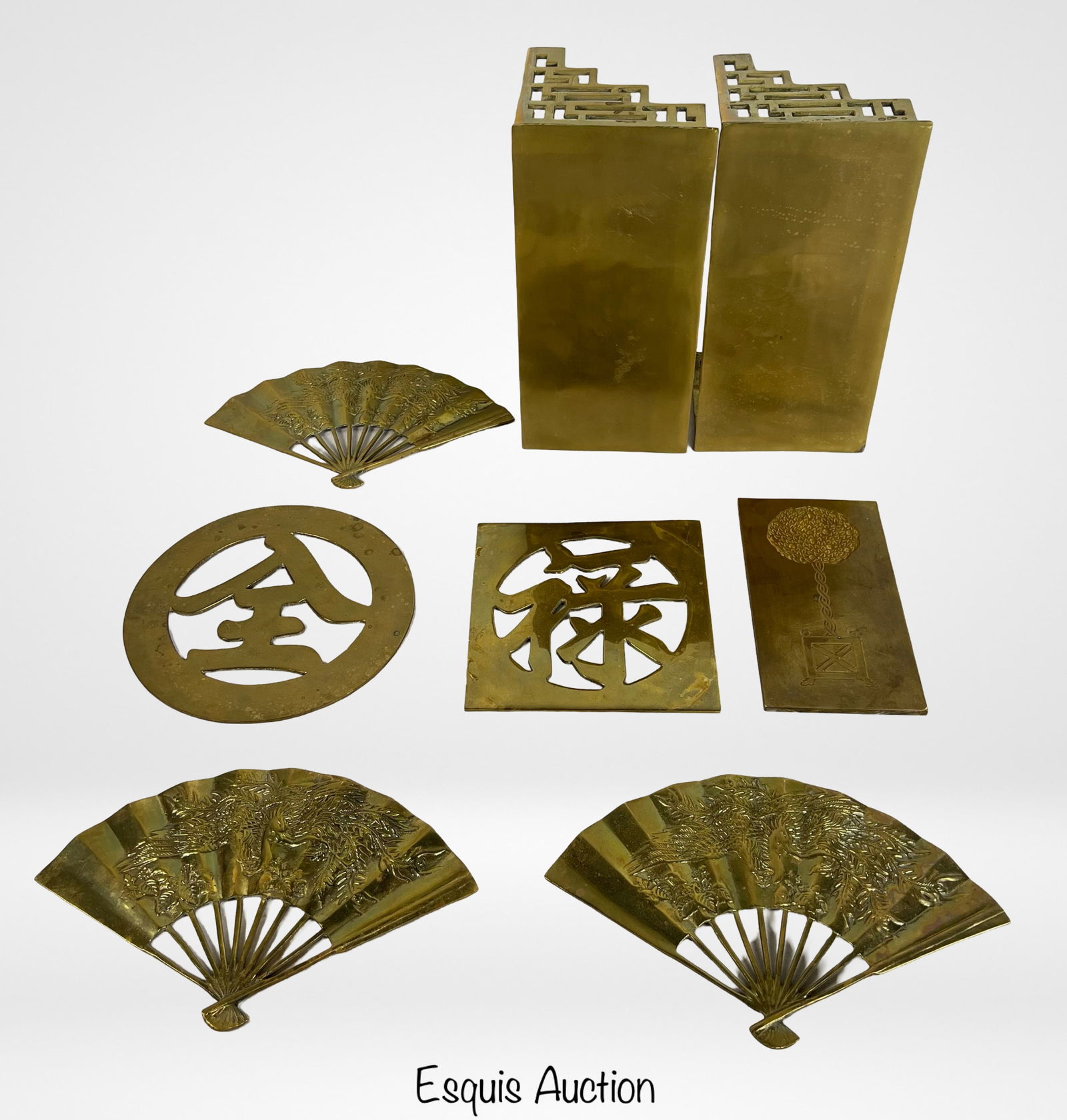Vintage Oriental Solid Brass Fans, Shelves, Trivet: Pair of 1950's Chinoiserie Style Brass shelves, 3 Vintage Solid Brass Oriental Fan Wall Hangings, 2 Oriental Brass Trivets and Brass Palque with engraved tree. Shelves are 12" x 6" x 6", Fans are 11"