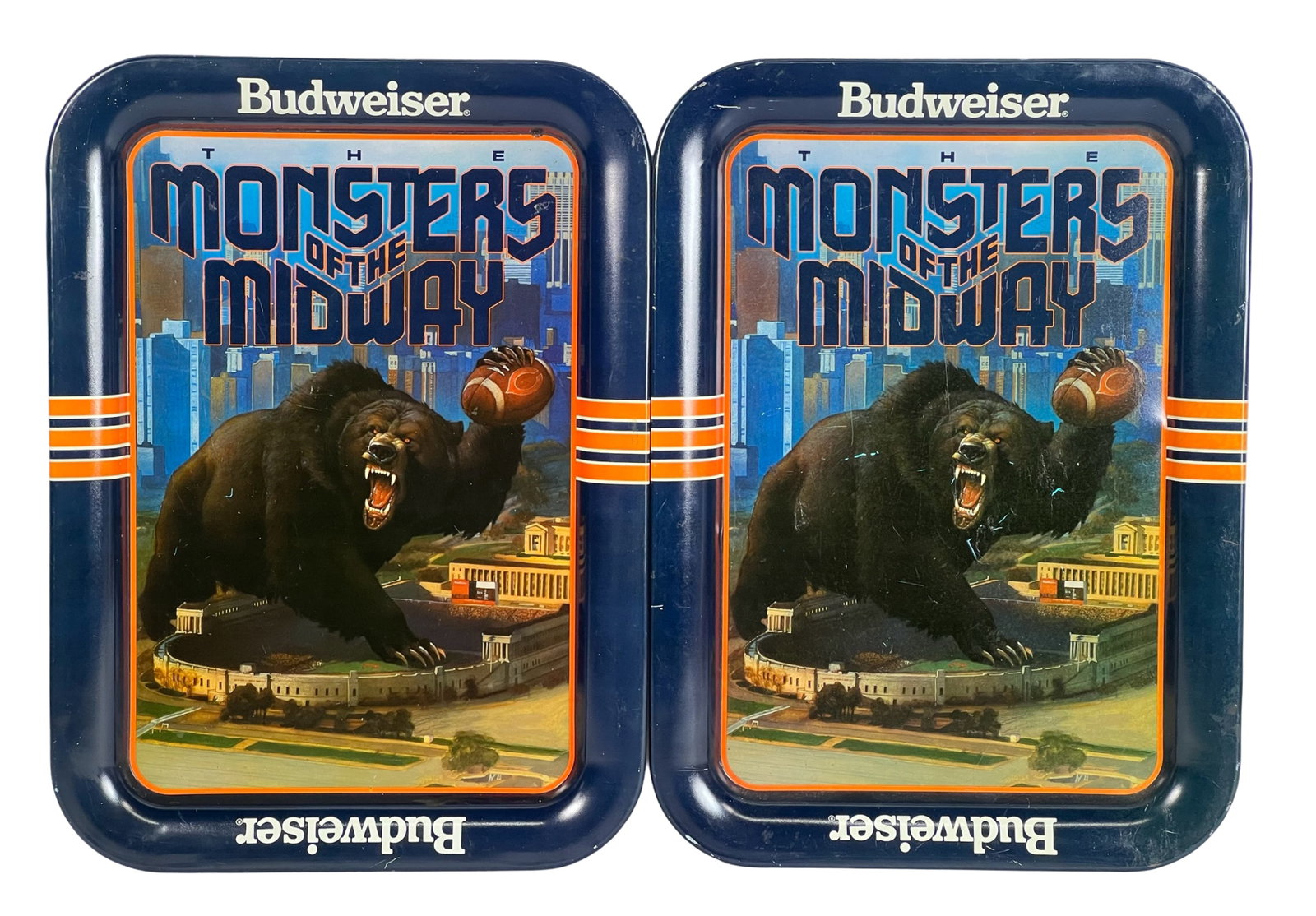 Budweiser Chicago Bears Monster Of The Midway Tray: 1985 Budweiser Beer Advertisement Chicago Bears Monster Of The Midway Serving Trays. 17 1/2" x 13" each.