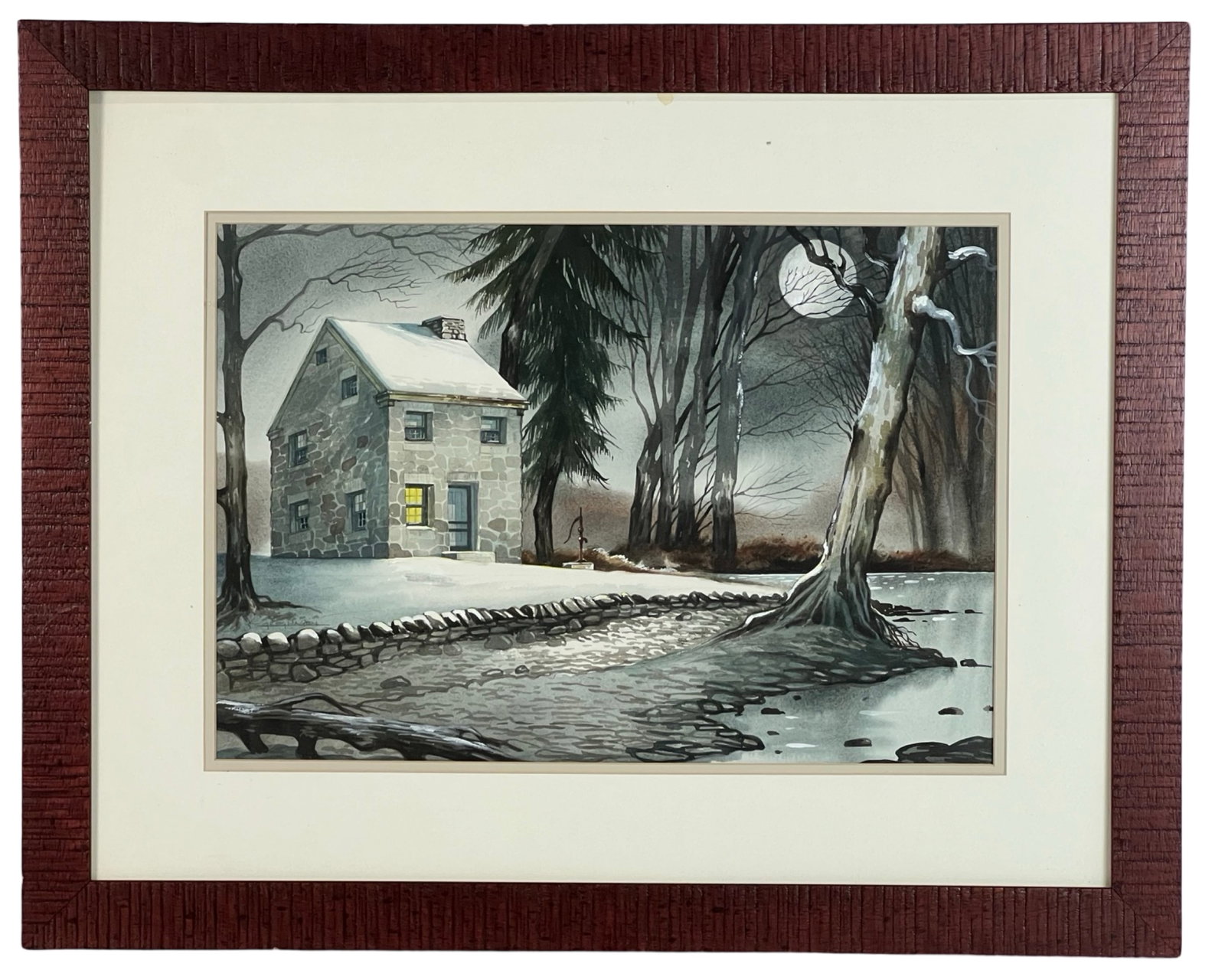 Greg Hagen- Winter Rural Landscape Watercolor: he watercolor painting by Greg Hagen portrays a serene yet slightly eerie winter scene. At the center of the painting is a quaint stone house with a snow-covered roof. The house is illuminated by a si