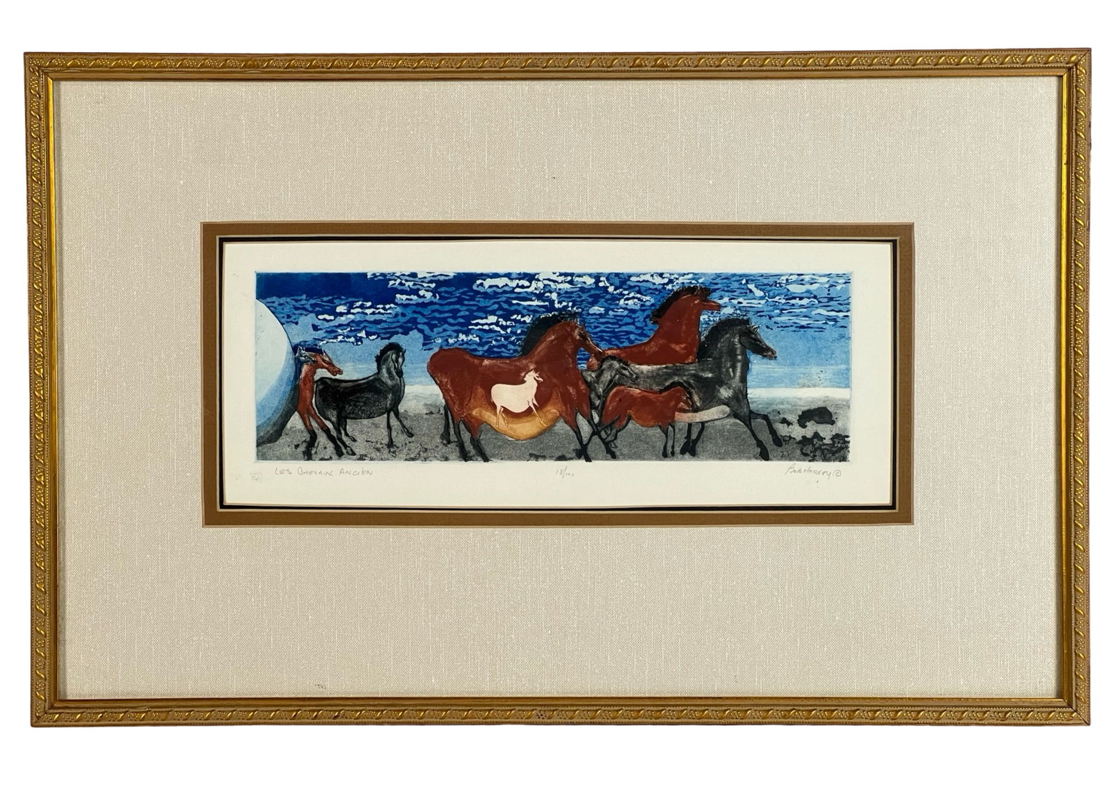 Bob Harvey Les Chevaux Anciens LE Signed Etching: This etching by Bob Harvey, titled "Les Chevaux Anciens," features a group of horses rendered in intricate detail. The dynamic composition and rich colors bring the scene to life, capturing the essenc