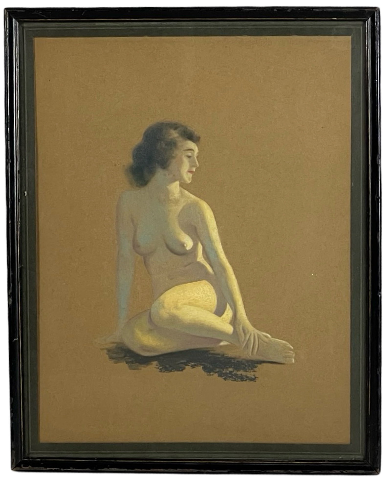 Early 20th Century Nude Beauty Pastel Drawing: This pastel drawing from the early 20th century features a seated nude female figure, rendered in soft, luminous colors. The artist's delicate handling of light and shadow enhances the naturalistic po