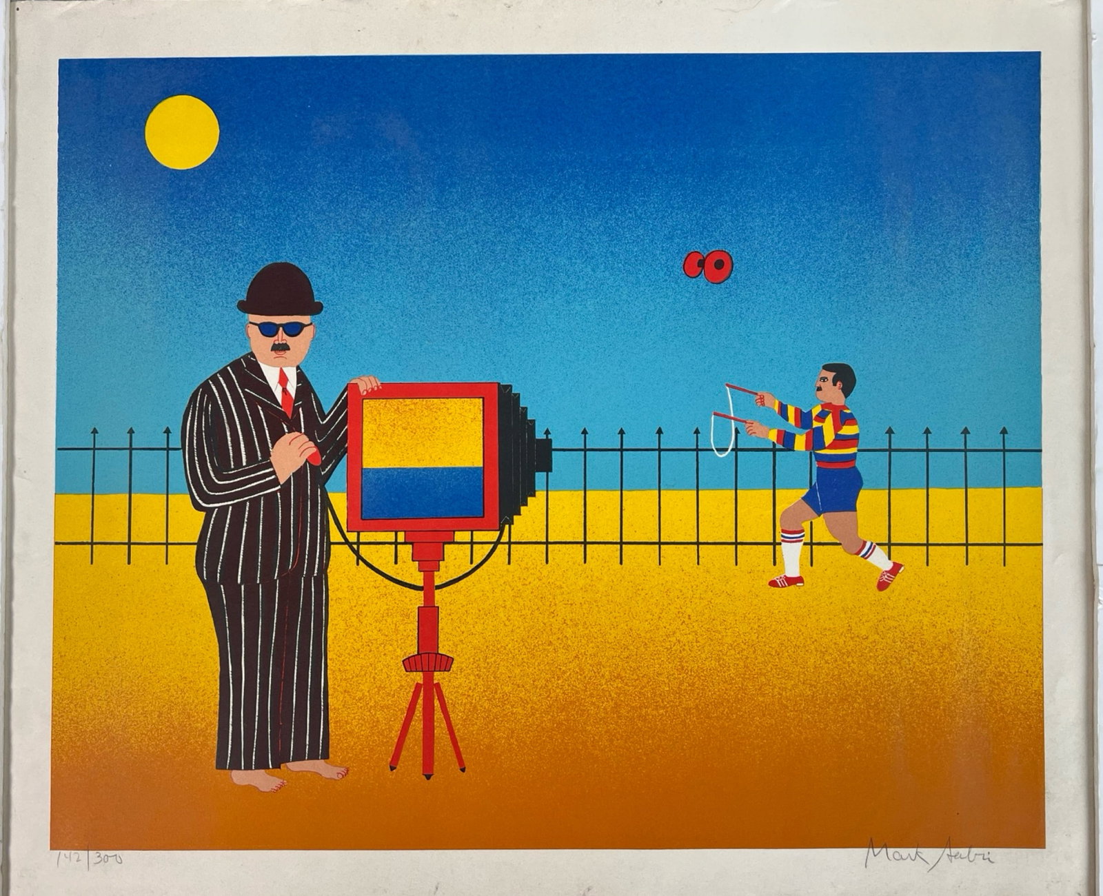 Mark Sabin LE Hand Signed Lithograph: This colorful and whimsical lithograph by Mark Aubri features a surreal scene set on a beach. The composition includes a photographer in a pinstripe suit and bowler hat, holding an old-fashioned camer