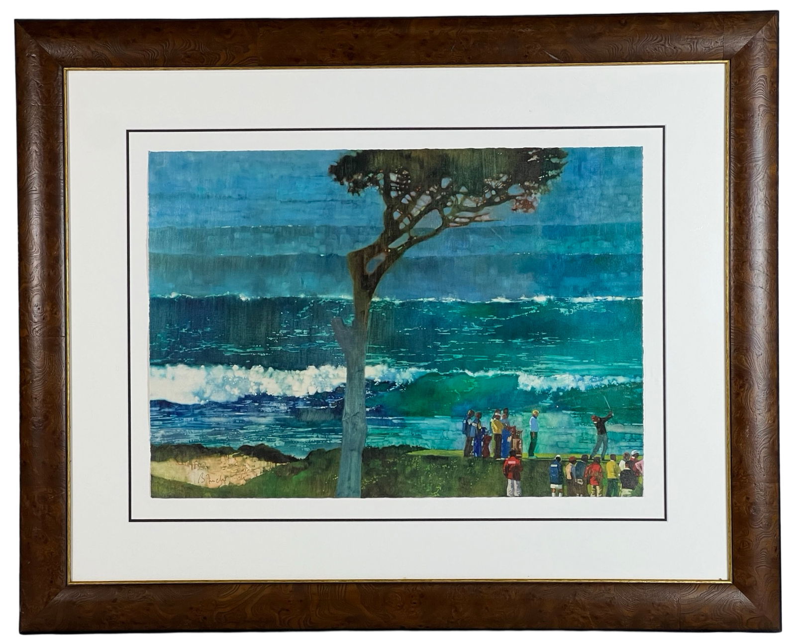 Bernie Fuchs "Pebble Beach Golf" Signed LE Litho: This limited edition signed lithograph by Bernie Fuchs captures the serene and picturesque Pebble Beach Golf course, a renowned location celebrated for its stunning views and challenging play. The art