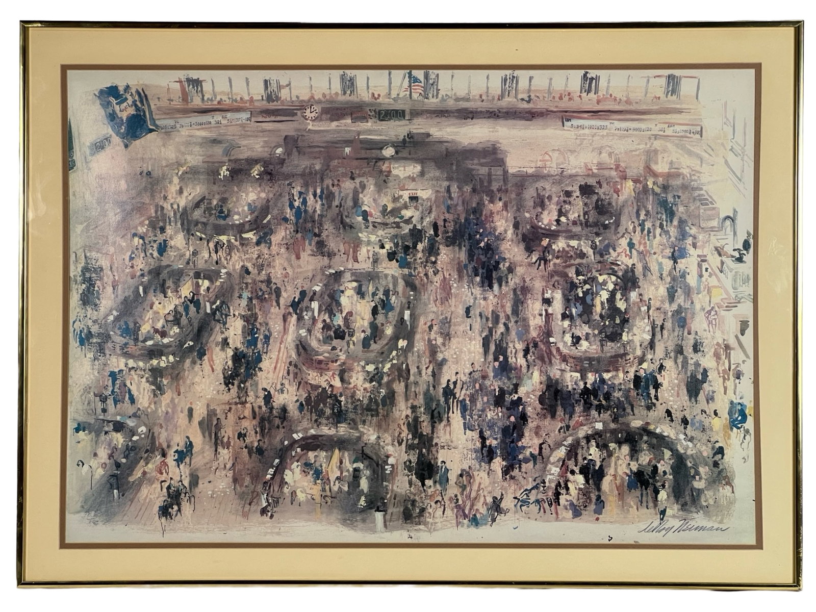 LeRoy Neiman- New York Stock Exchange Lithograph: This dynamic lithograph by LeRoy Neiman captures the bustling energy of the New York Stock Exchange. The piece vividly illustrates the frenetic activity of traders on the exchange floor, rendered in N