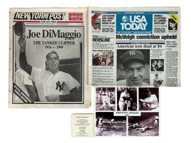Joe DiMaggio Tribute- Autographed Photo & Newspape