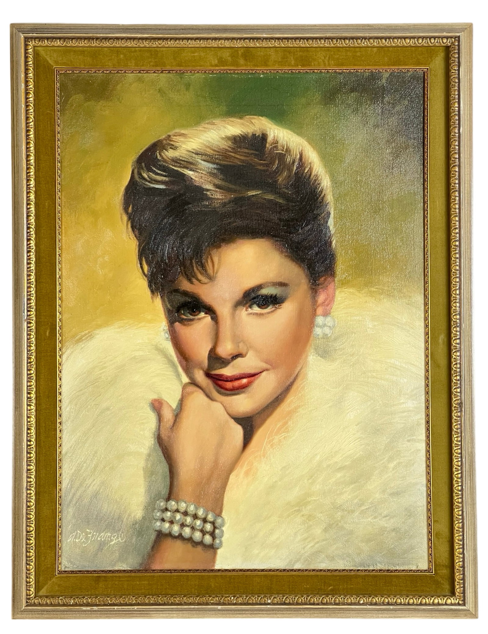 Anthony De Frange- Judy Garland Portrait Painting: This captivating portrait of the legendary actress and singer Judy Garland is an exquisite work by the American artist Anthony De Frange. Rendered in oil on canvas, this piece captures Garland's iconi