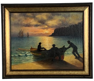 Coastal Scene with Fishermen Boat Oil Painting