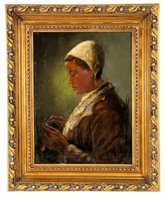 19th C. Dutch School Portrait of a Girl Painting