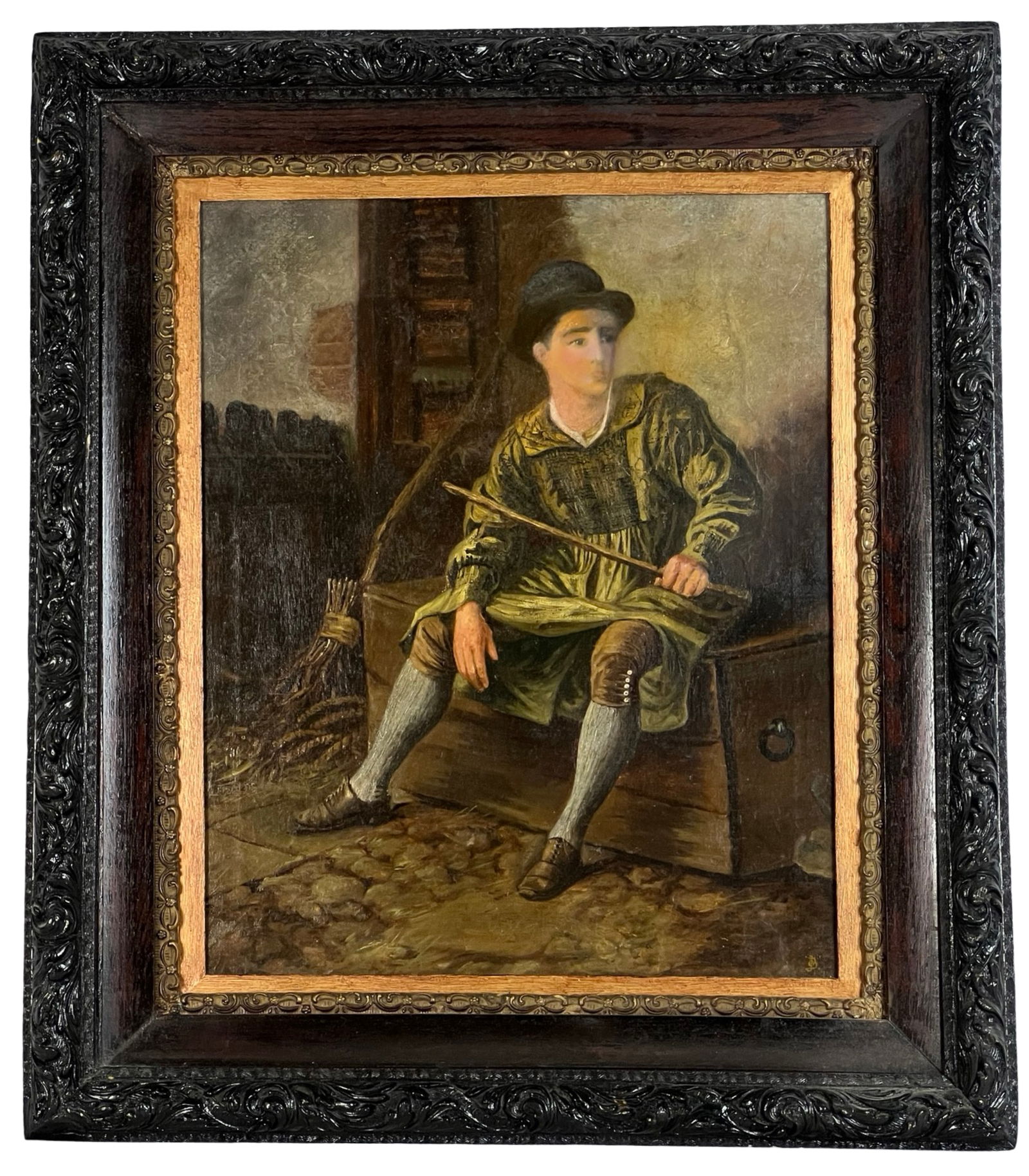 19th Century Continental School Oil Painting: A captivating 19th-century oil painting on canvas attributed to the Continental School. This piece features a young man in period attire, seated thoughtfully on a wooden chest with a broom in hand, po