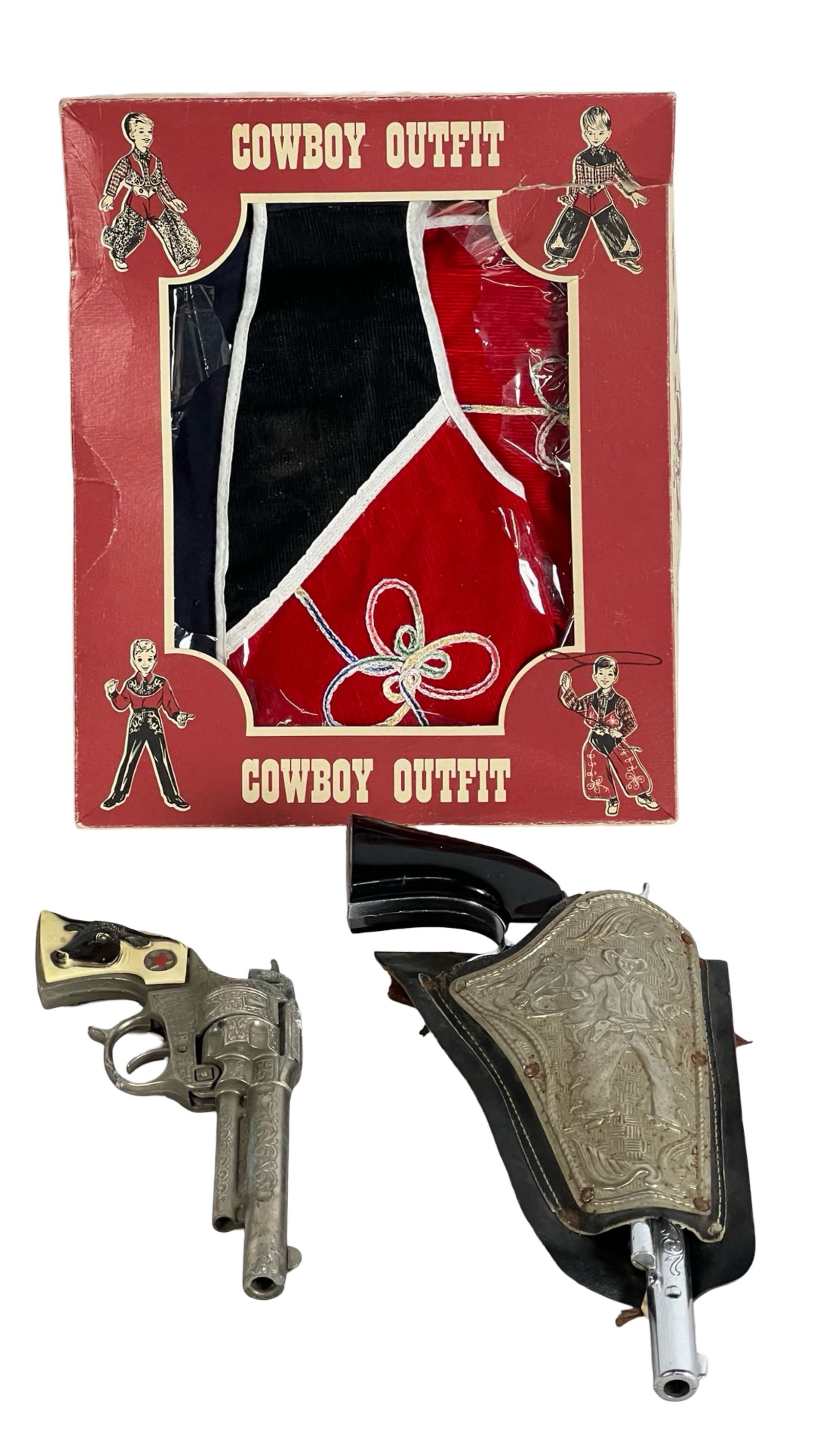 1950's Cowboy Outfit Pla-Master & Revolvers: Vintage 1950's Cowboy Outfit Pla-master by Herman Iskin & Co and Two Vintage Cowboy Revolvers