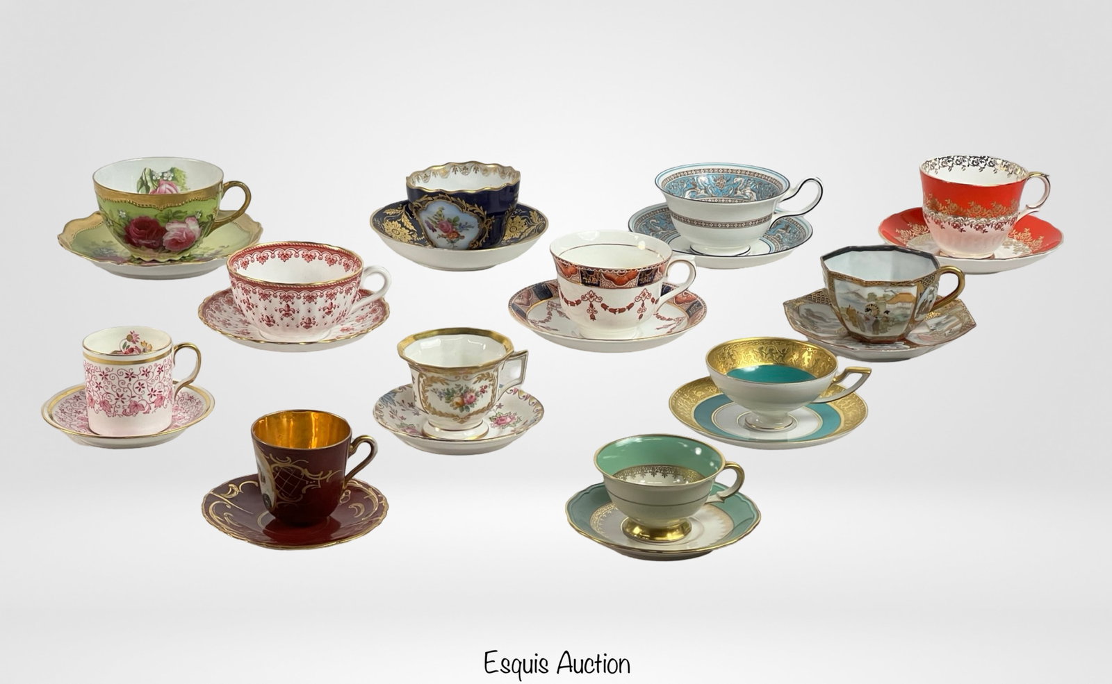 Collection of Demitasse Cups- Meissen, Royal Viena: This exquisite lot features a diverse collection of 12 vintage and antique demitasse cups and saucers. Each piece showcases intricate designs, rich colors, and fine details, reflecting a variety of st