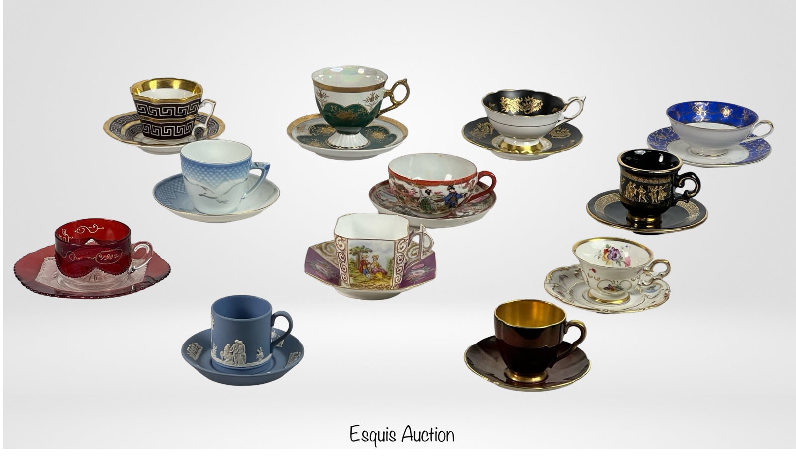 Collection of Demitasse Cups-B&G, Royal Stafford: This exquisite lot features a diverse collection of 12 vintage and antique demitasse cups and saucers. Each piece showcases intricate designs, rich colors, and fine details, reflecting a variety of st