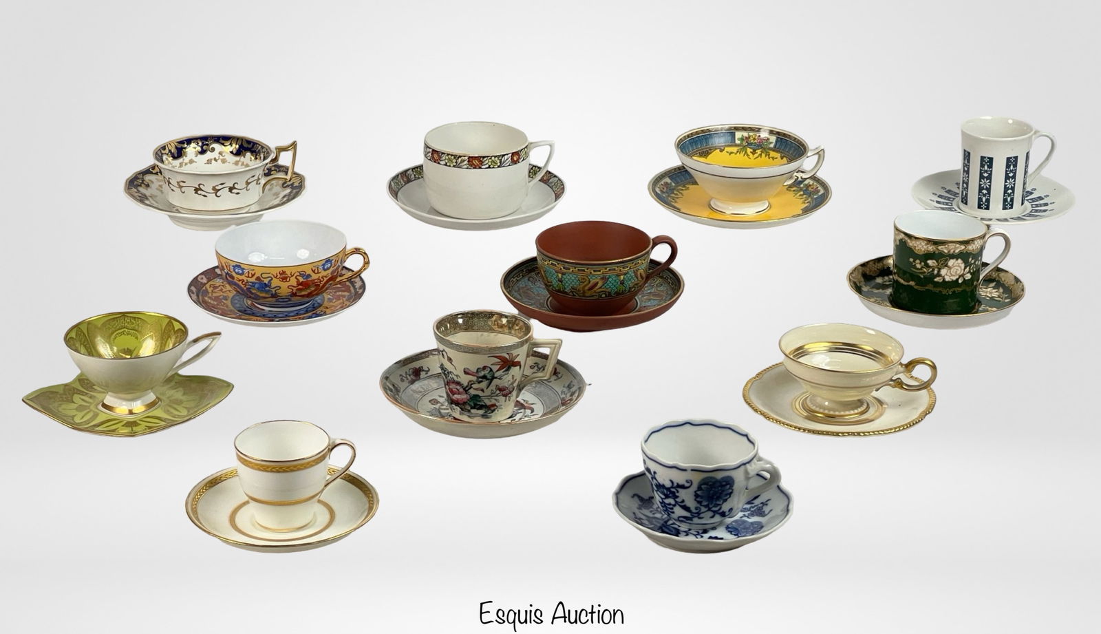 Collection of Demitasse Cups-Spode, Meissen, Royal: This exquisite lot features a diverse collection of 12 vintage and antique demitasse cups and saucers. Each piece showcases intricate designs, rich colors, and fine details, reflecting a variety of st