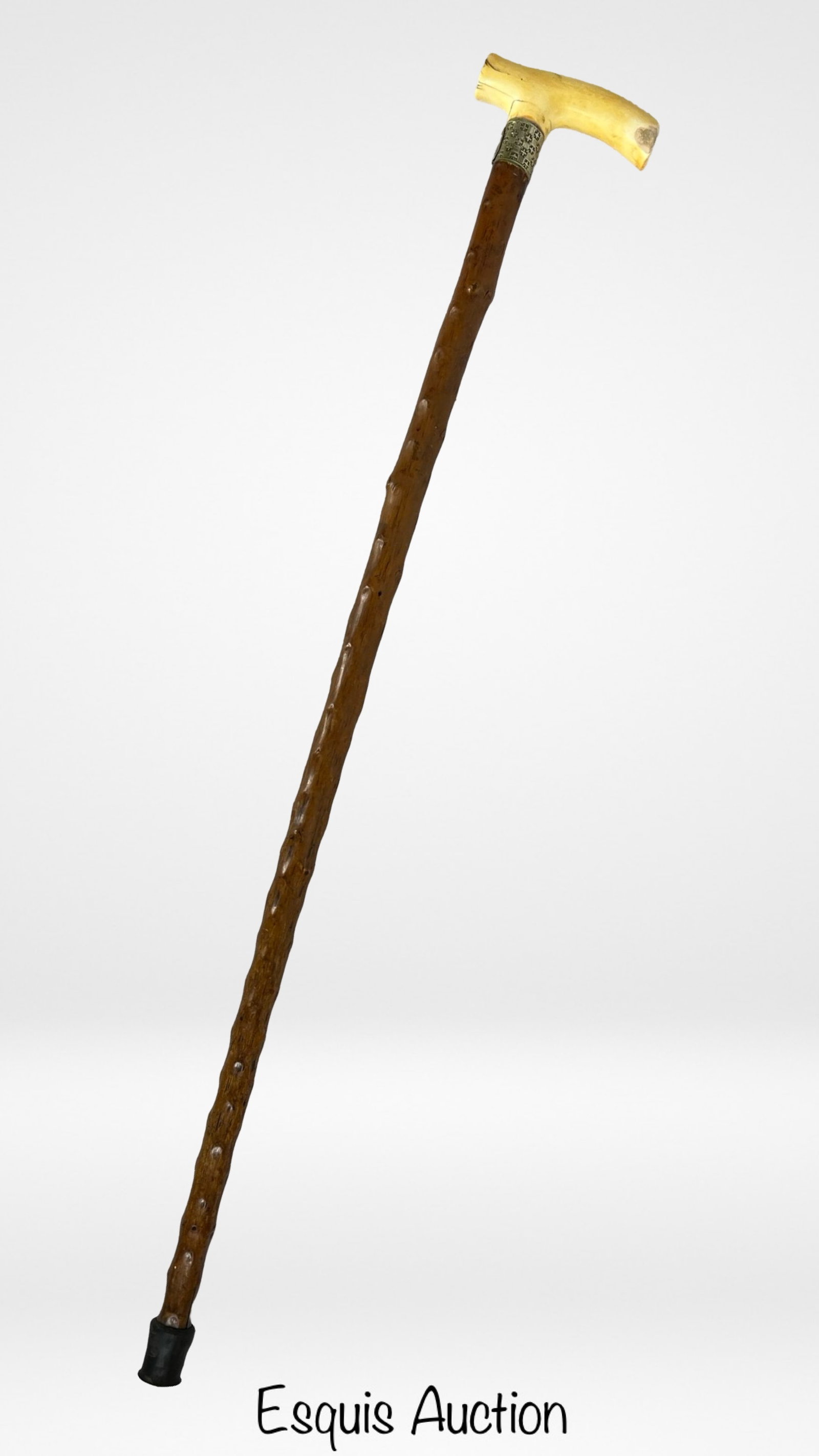 Antique 1892 Walking Stick Cane Bone & Silver Hand: Antique German 1892/1893 Walking Stick/ Cane with I**y bone carved Handle and silver rim. 34" long. Good Condition.