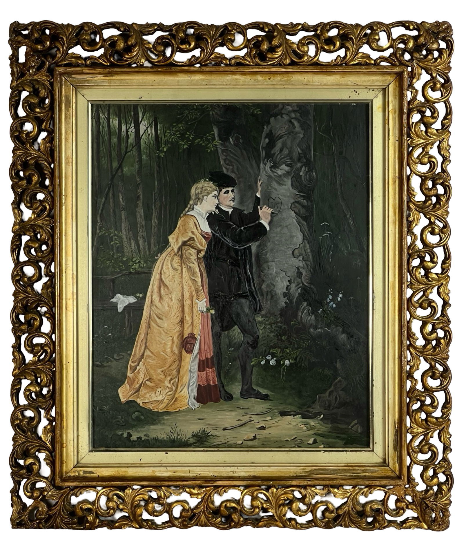 Antique "Love Scene" Oil on Board Painting (1 of 3)