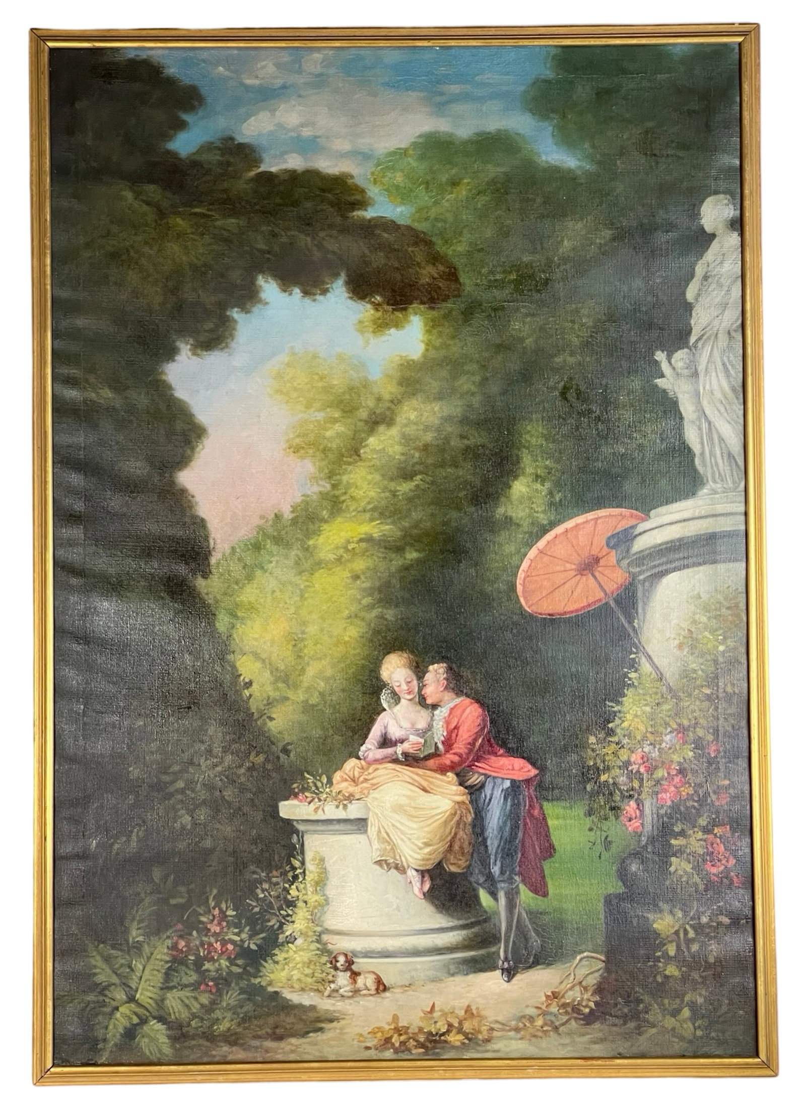 The Confession Of Love after Jean-Honore Fragonard: "The Confession of Love" after Jean-Honor? Fragonard, Early 20th Century Oil on Canvas.This captivating large oil painting, measuring 59" x 35", is a later interpretation of one of the celebrated roma