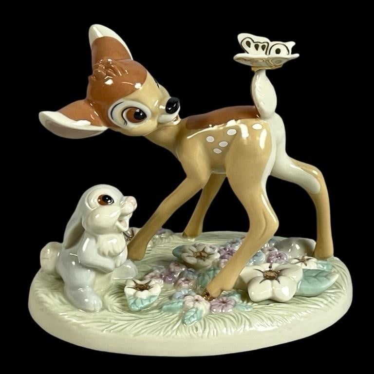 Lenox Disney Surprise for Bambi Porcelain Figurine: A charming Lenox Disney porcelain figurine titled "A Surprise for Bambi," featuring the beloved characters Thumper and a butterfly alongside Bambi. This beautifully detailed piece captures a delightfu