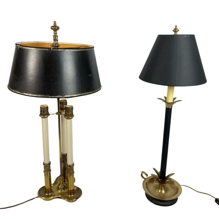 Vintage Frederick Cooper & Stiffel Table Lamps: Pair of vintage table lamps featuring a Stiffel Charles X Style Bouillotte 3 Arm Table Lamp with classic brass detailing and a black lampshade, and a Frederick Cooper Hollywood Regency Pineapple Table