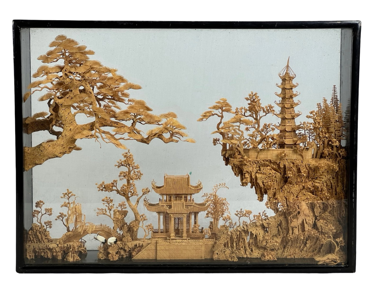 Large Chinese Cork Carved Diorama with Pagoda: Chinese Cork Carved Diorama with Pagoda in Black Laquered Shadow Box. 20" x 15".