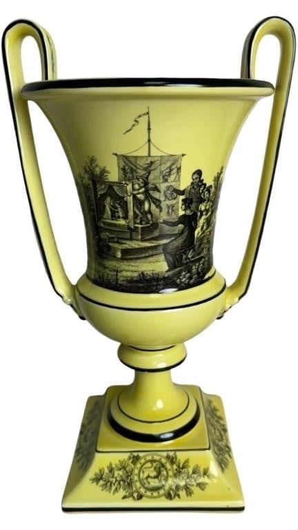 Vintage Mottahedeh TransferWare Creil Urn Vase: This is a stunning large vintage Mottahedeh urn vase, crafted in Italy. The vase features a vibrant yellow glaze with intricate black Creil TransferWare scenes and delicate leaf borders. Measuring 12 