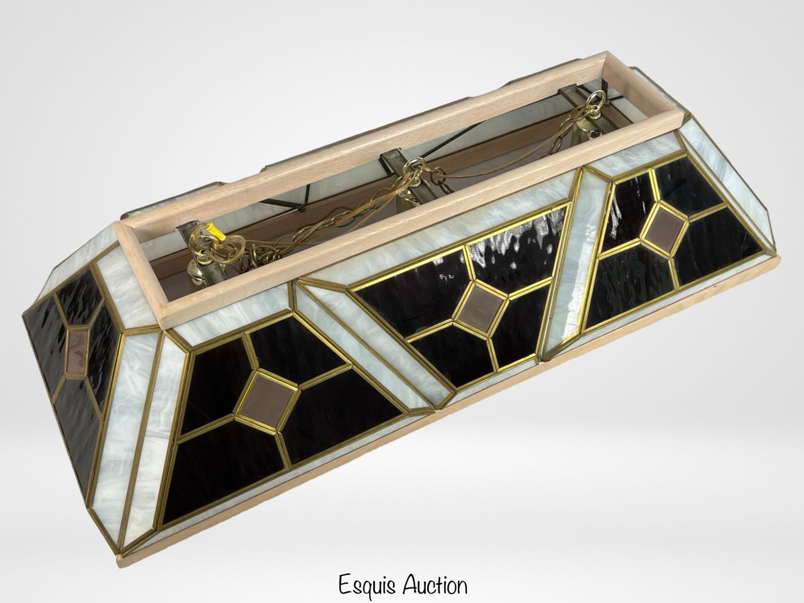 Vintage Full Size Stained Glass Pool Table Light: Vintage Full Size Stained Glass Pool Table Light. 39" x 17" x 10". Good overall condition, small crack on one panel. PLEASE NOTE: In-House Shipping is not available for this lot, lockal pick up or 3rd