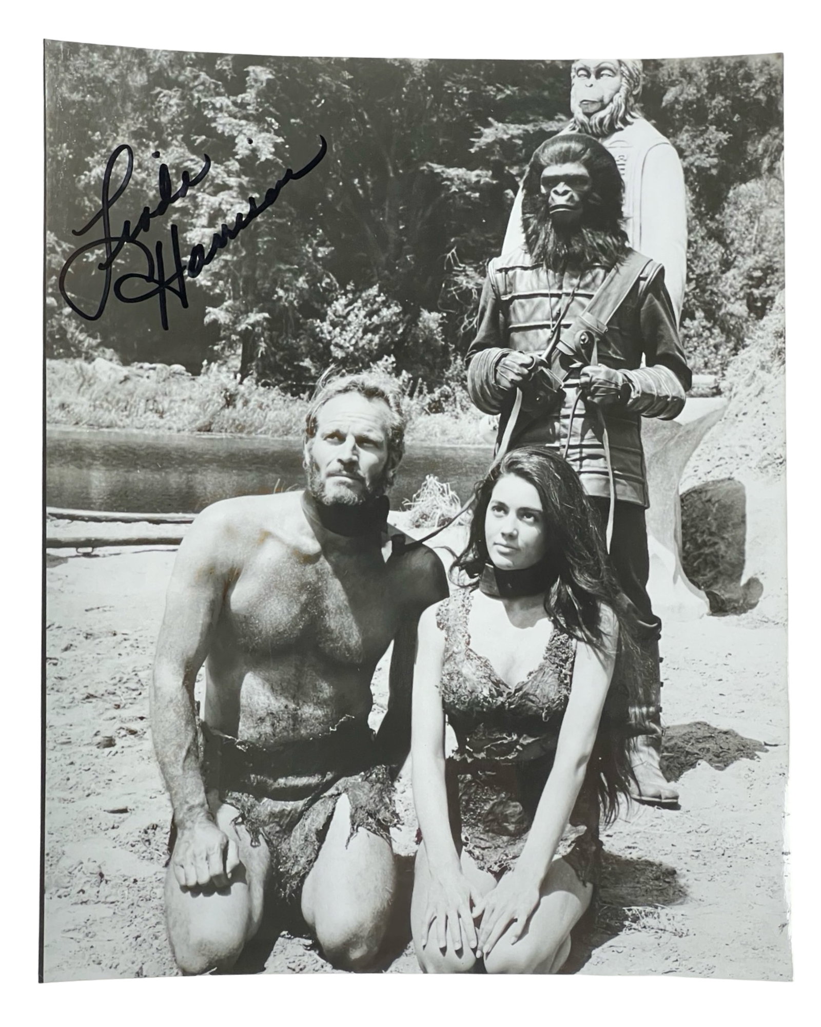 Linda Harrison Signed "Planet of the Apes" Photo: This 8" x 10" black-and-white photograph is autographed by Linda Harrison, famously known for her role as Nova in the classic film "Planet of the Apes." The iconic scene captures Harrison alongside Ch
