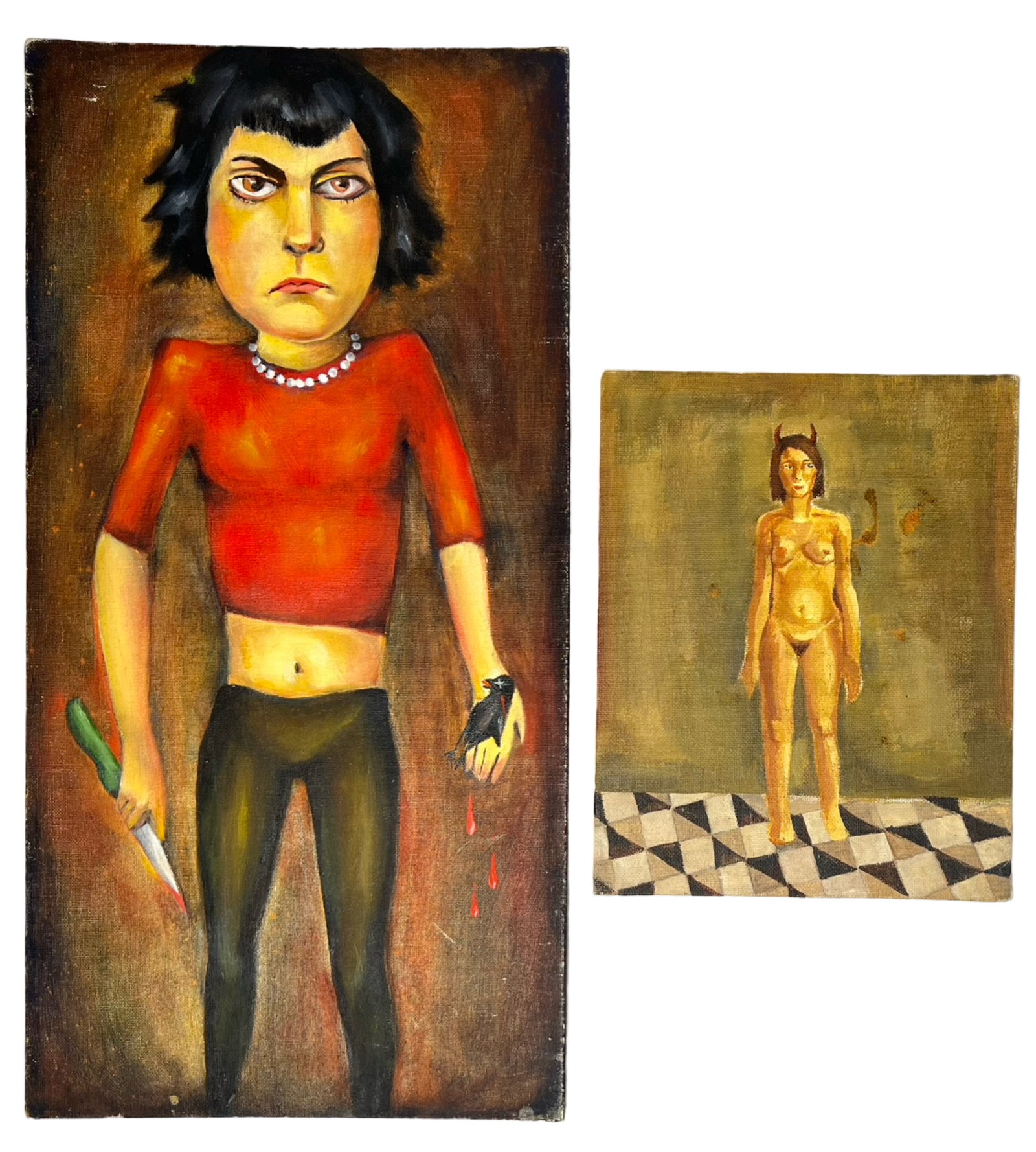 Pair of Outsider Art Oil Paintings: This compelling pair of oil paintings showcases a raw and unfiltered expression of emotion through striking, unconventional imagery. The larger piece, measuring 20" x 10", features a figure holding a 