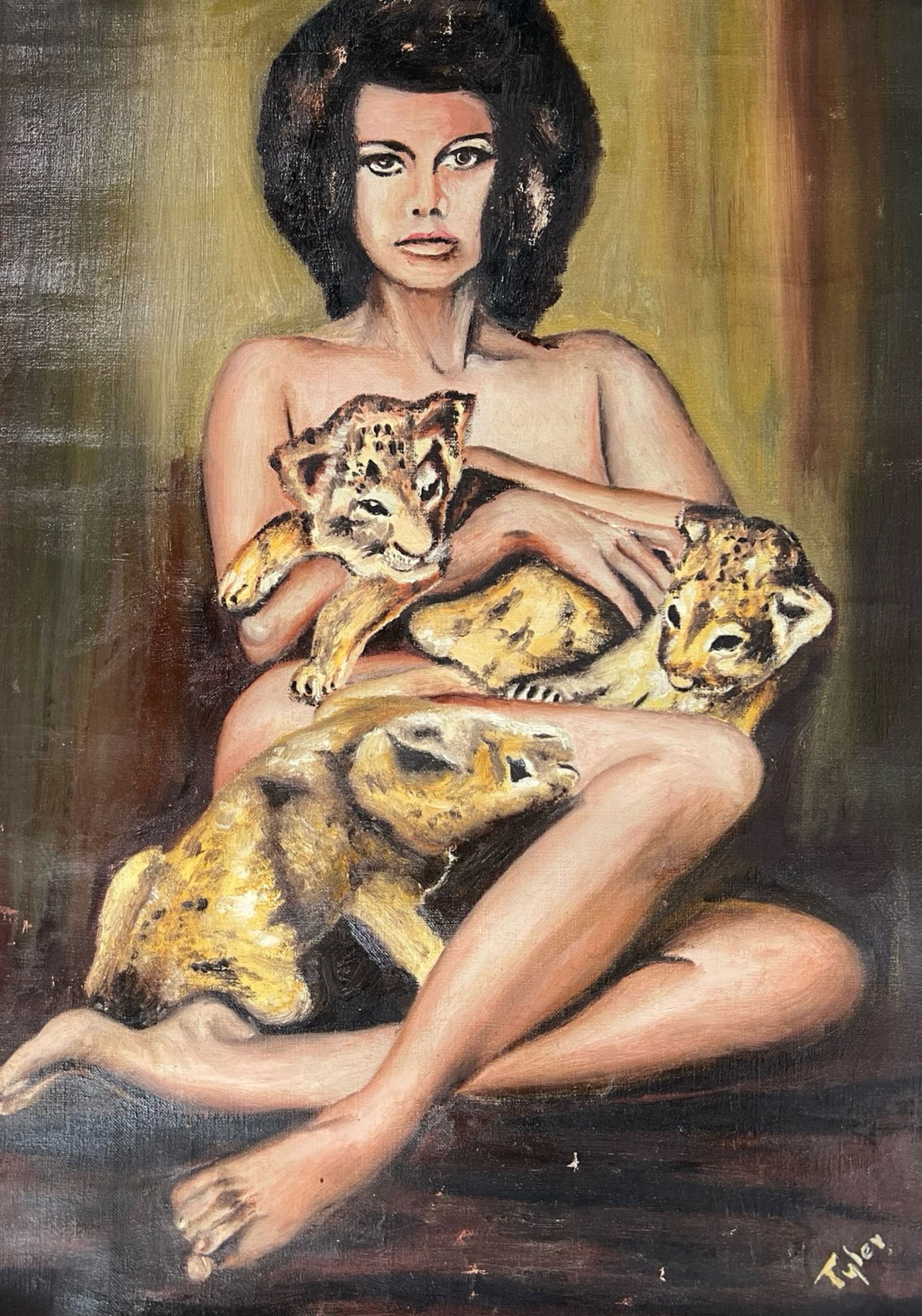 Mid Century Portrait of  Lady & Lion Cubs Painting (1 of 3)