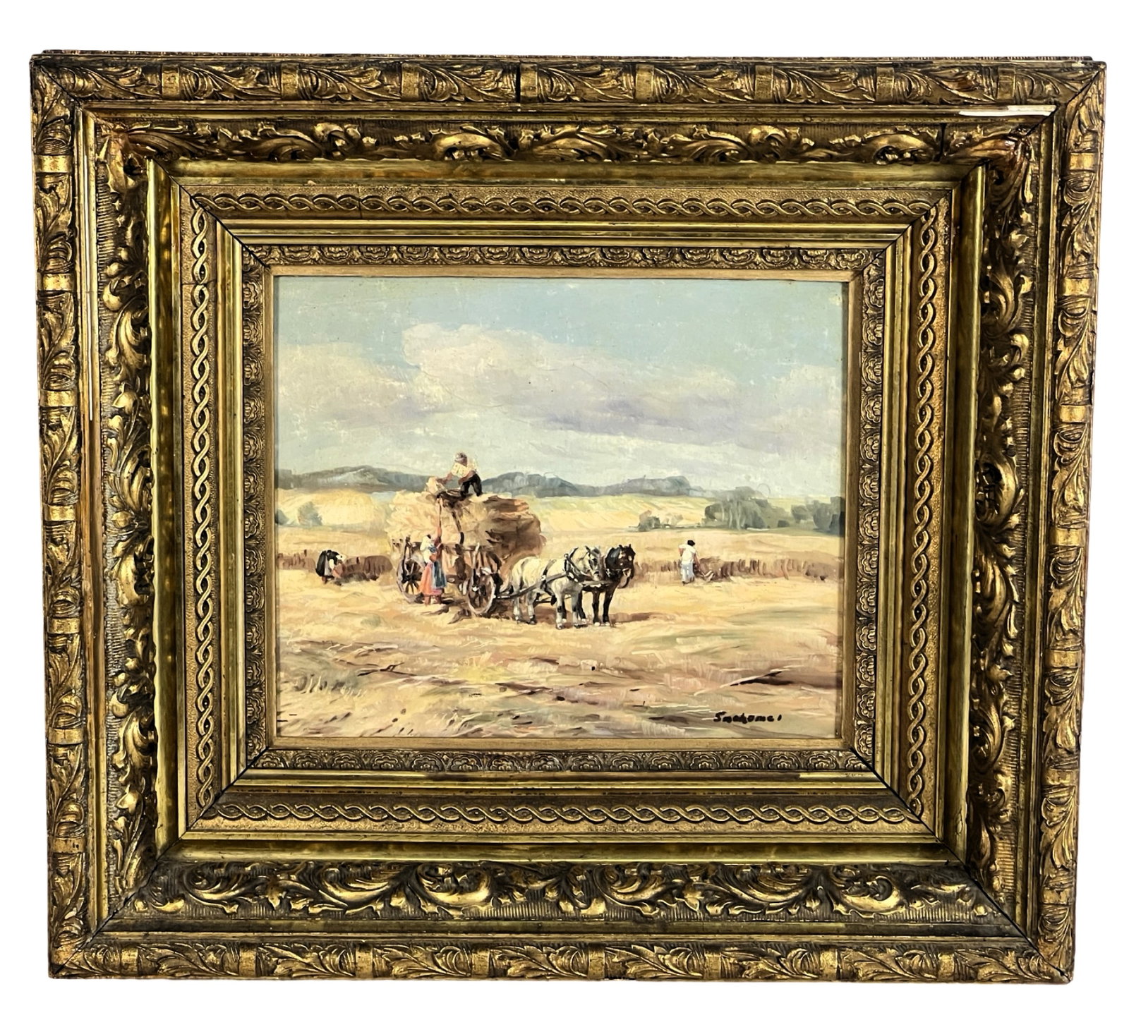 Early 20th C.- Harvesting Wheat Oil Painting: Oil Painting on board depicting a traditional scene of harvesting wheat. European School, first half of the 20th Century. The painting features figures in a golden field with horse-drawn carts, captur