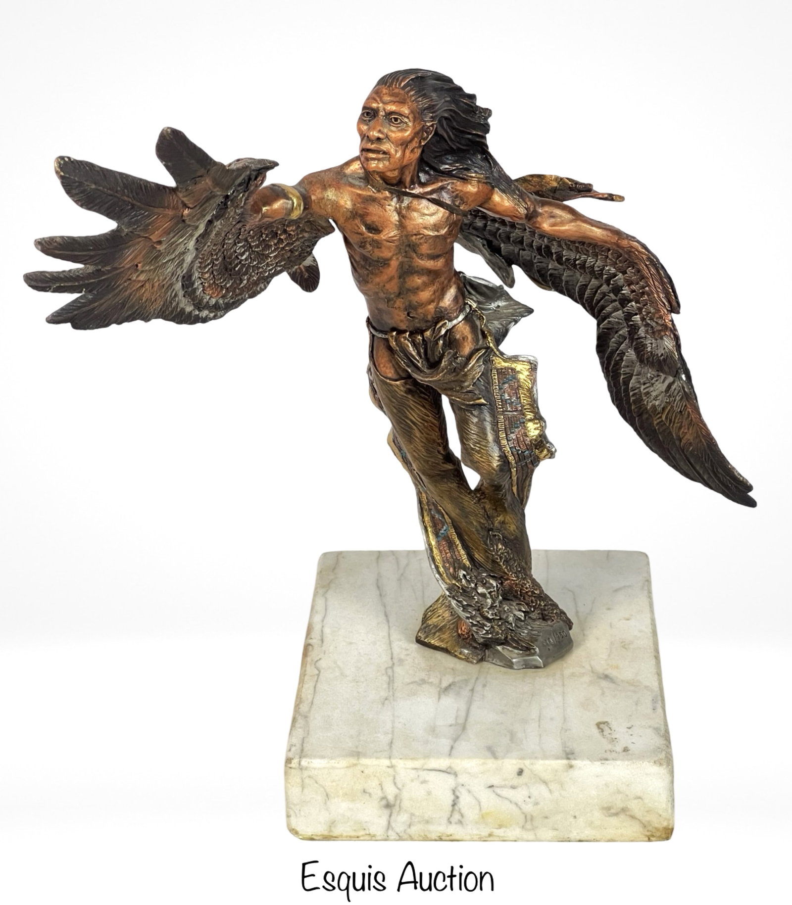 Dan Medina- LE Native American Warrior Sculpture: This is a captivating sculpture titled "Vision Quest" by Dan Medina. The sculpture features a Native American warrior in a dynamic pose, reaching toward the sky. The piece is crafted with a combinatio