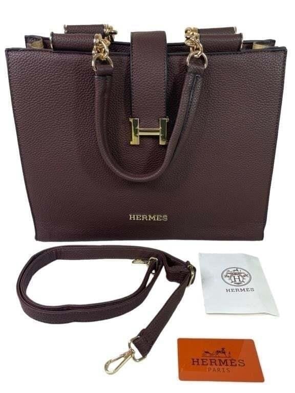 Lady's Brown Leather Golden "H" Logo Tote Bag (1 of 9)