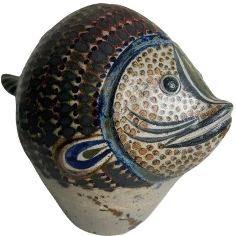 Jose Bernabe Tonala Mexico Art Pottery Fish Vase: Celebrate the vibrant artistry of Mexican pottery with this charming fish vase by Jos? Bernab?, a renowned artist from Tonal?, Mexico.This captivating piece features a whimsical fish design, showcasin