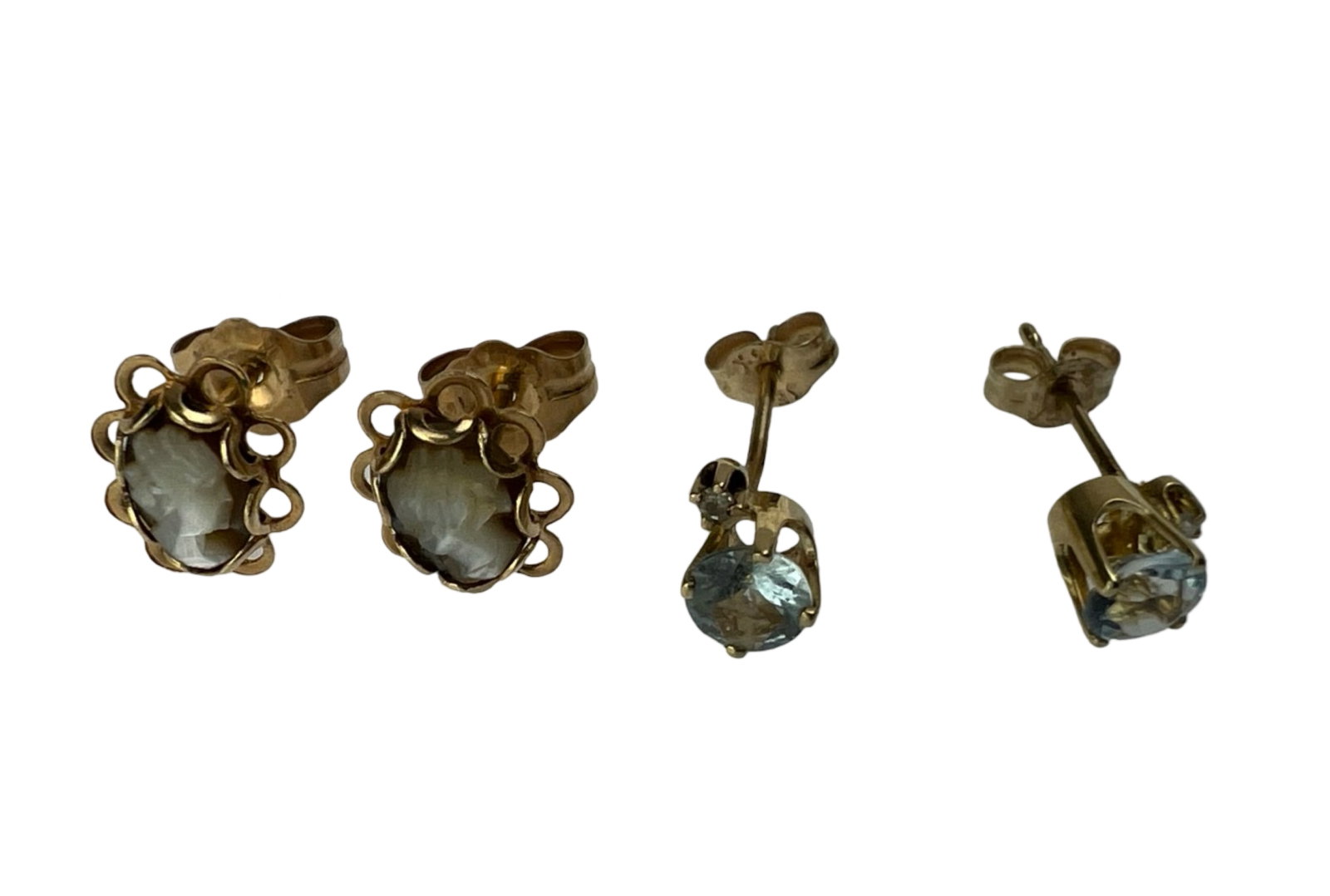 14k Gold Stud Earrings- Cameo & Aquamarine w/ Diam: Two Pairs of 14k Gold Stud Earrings including pair with Cameos and Pair with Aquamarines and small Diamonds on sides. Good Condition.