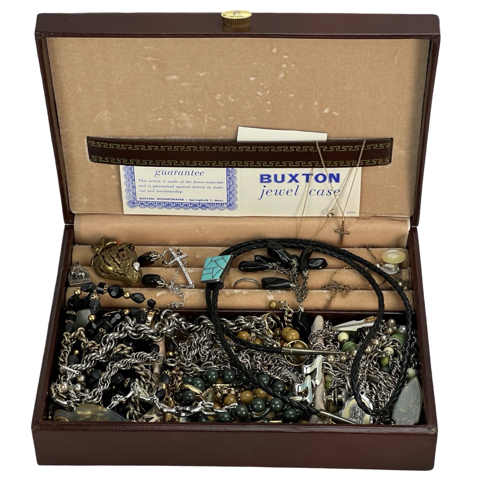 Jewelry Box full of Jewelry with Sterling Silver: Vintage Buxton Jewel Case filled with Jewelry. Some Sterling Silver and Gold Filled Jewelry Spotted. Unsearched, some might be as found.