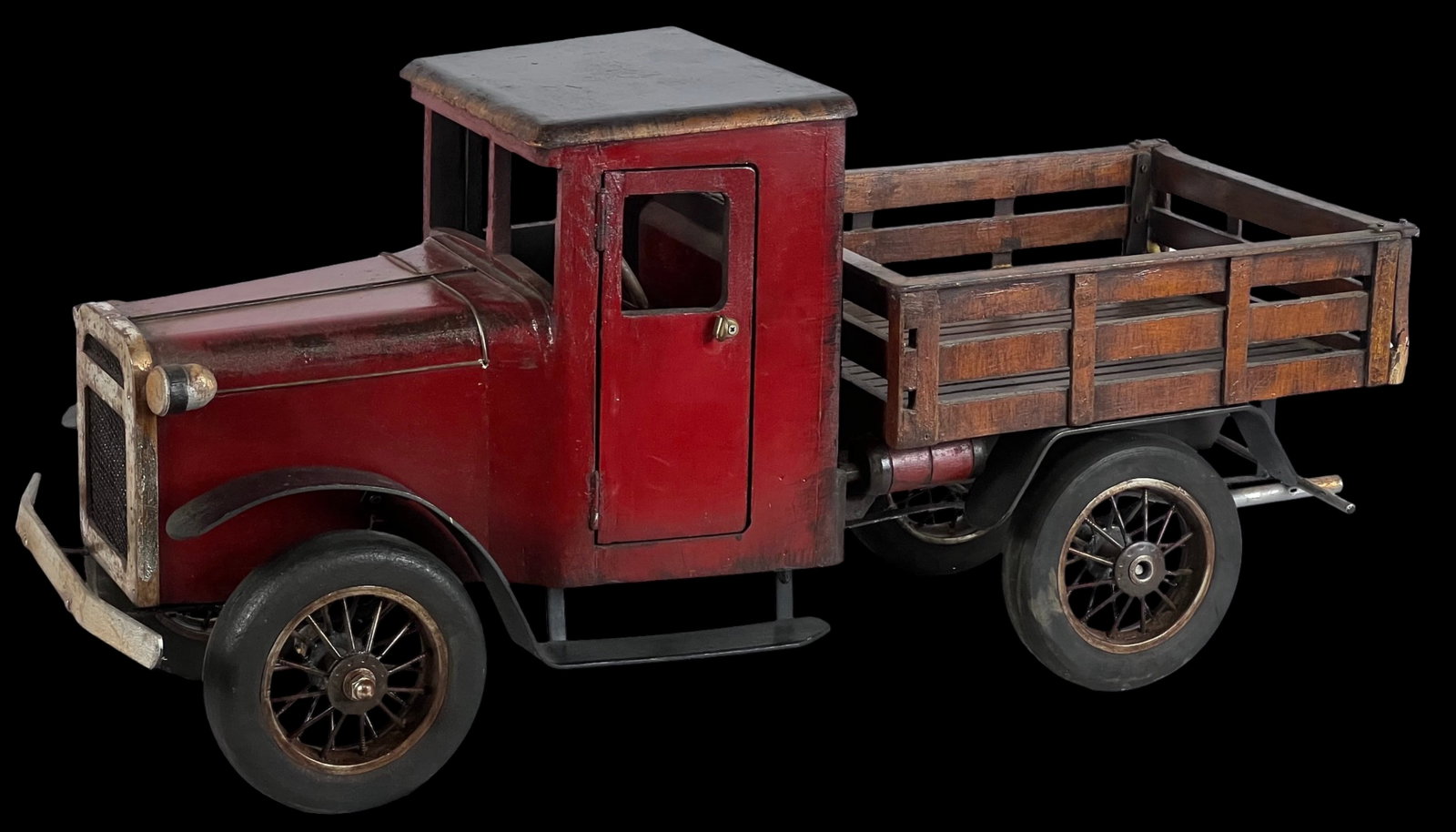 Large 26" Wood & Metal Delivery Truck Model: Vintage Large Wood & Metal Truck Toy Model. This sturdy vintage truck model features a charming rustic design with a wooden body and metal detailing, making it an ideal piece for both collectors and h