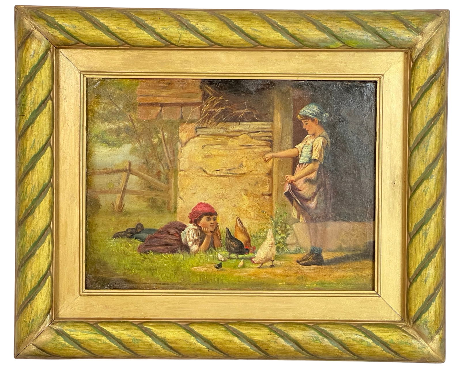 Early 20th C. Dutch School Oil Painting- Children: This beautiful early 20th-century oil painting is a fine example of Dutch School artistry. The scene depicts a tranquil countryside or rural domestic life, rendered in vibrant yet soft tones. Signed "