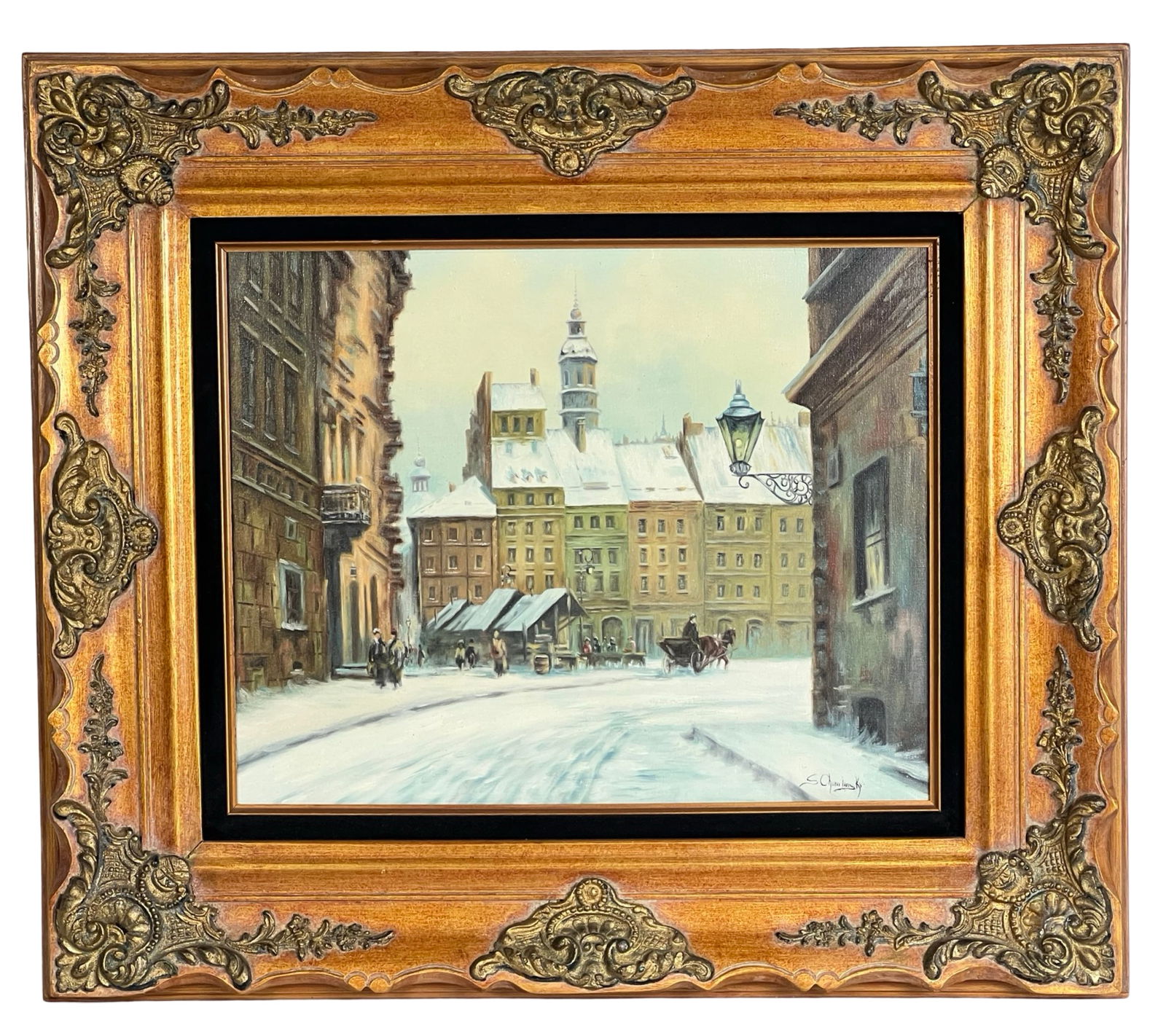 Wladyslaw Chmielinski (after) - Winter in Warsaw P: This charming oil painting depicts a wintry scene in Warsaw, beautifully rendered in a traditional European style. A street covered in snow leads the viewer's eye to the architectural details of histo