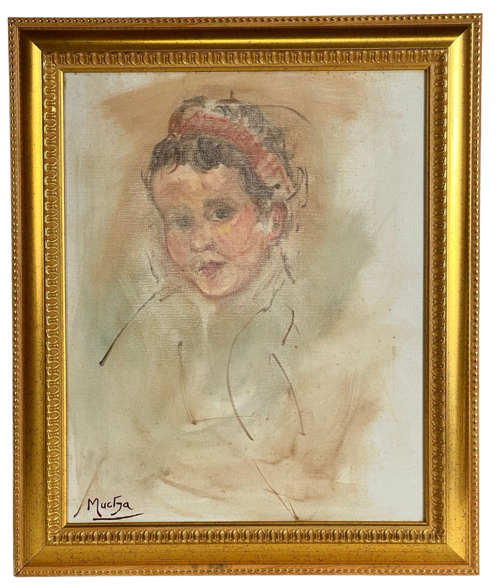 Original Painting in manner of Alphonse Mucha: This oil painting on canvas, signed "Mucha" in the lower left corner, captures a portrait of a young girl with soft, impressionistic brushwork. Measuring 24" x 20" framed, this piece is a gentle homag