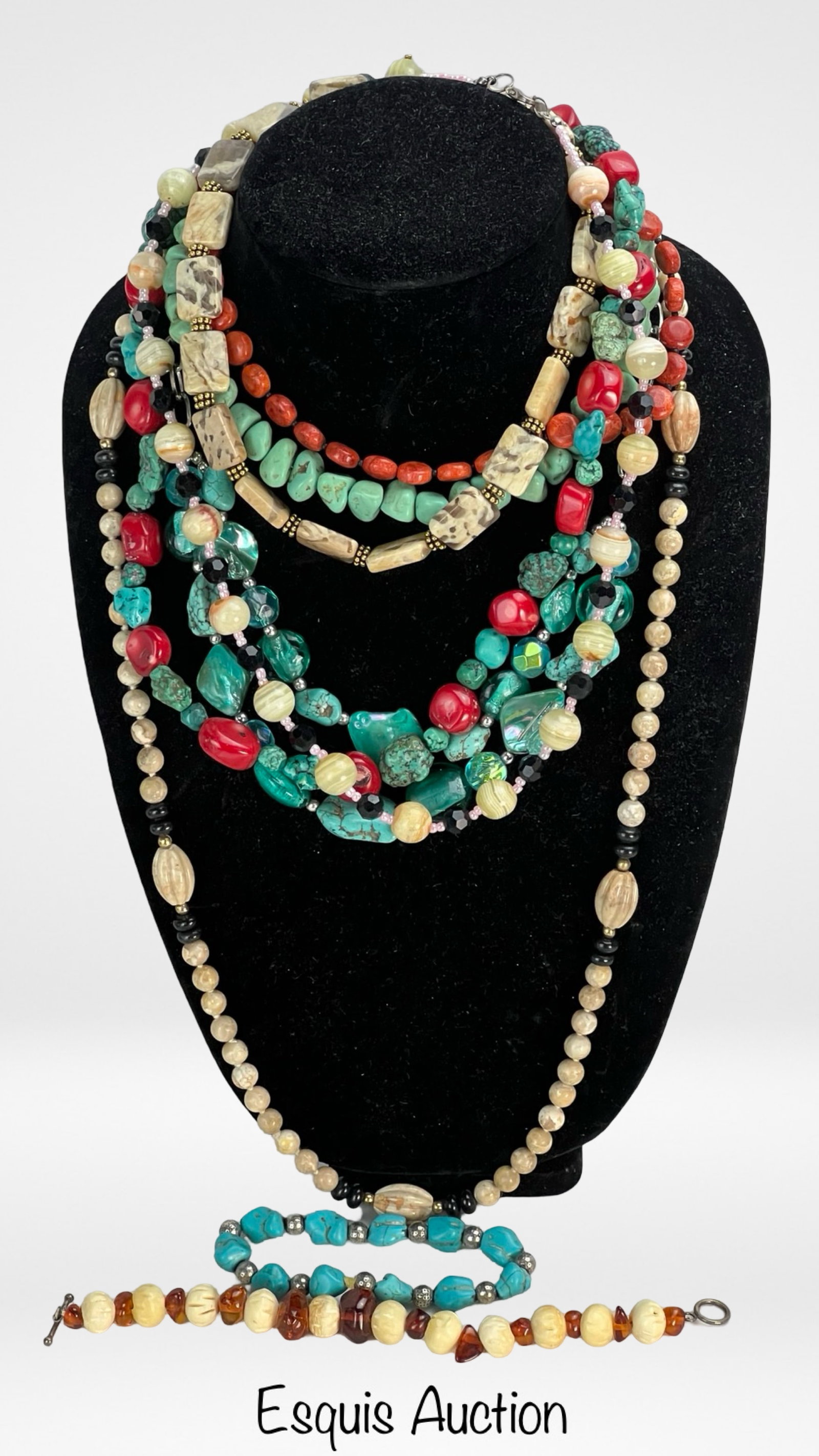 Semi-Precious Stones Necklaces incl. Turquoise: Group of Semi-Presious Stones Necklaces with Turquoise, Onyx, Carnelian, etc.. Some with Sterling Clasps.