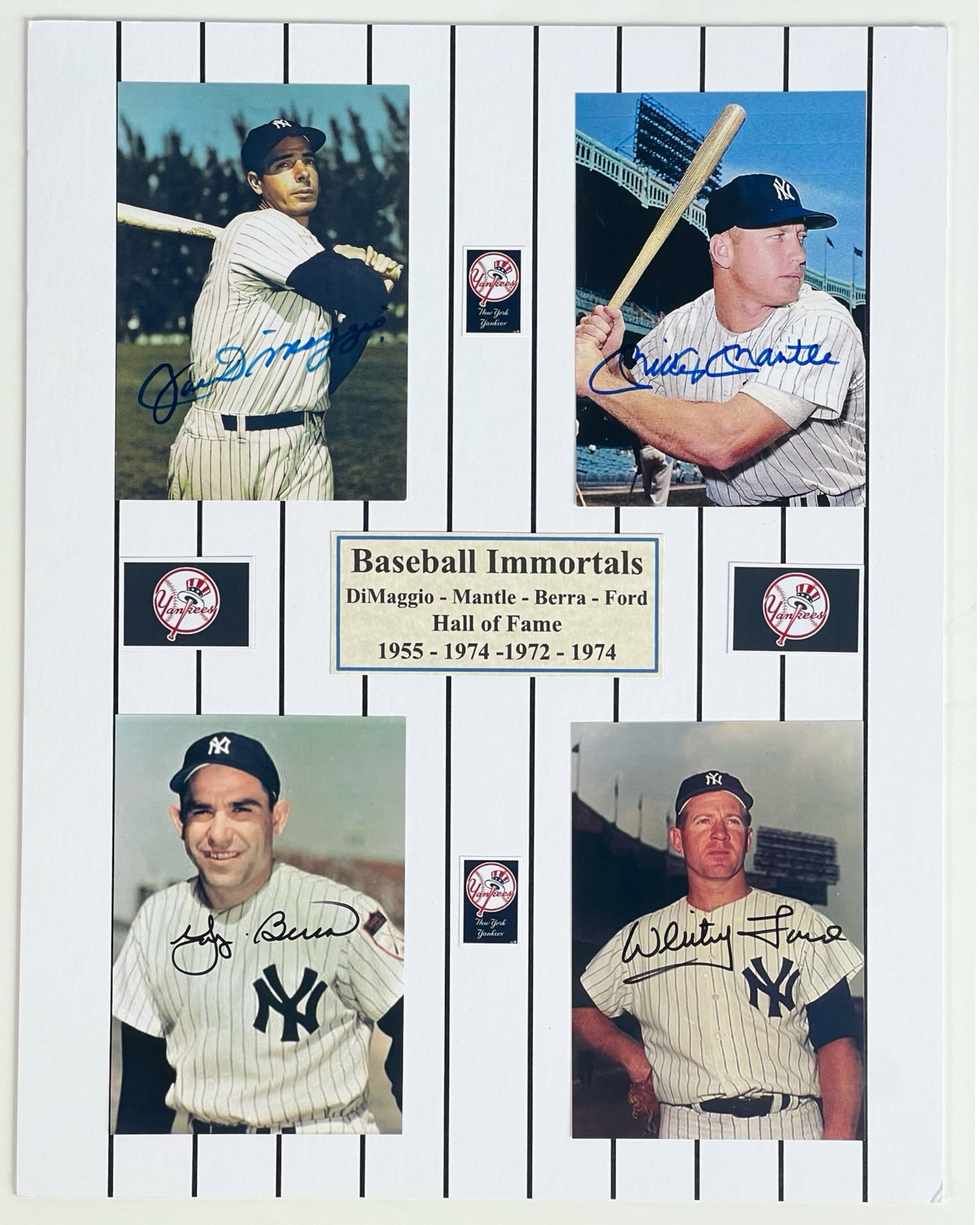 Baseball Immortals- Signed Photos- Berra, Ford, Ma: This unique collection features four 3" x 5" autographed photographs of baseball icons Joe DiMaggio, Mickey Mantle, Yogi Berra, and Whitey Ford. Each photograph captures these legends in their prime, 